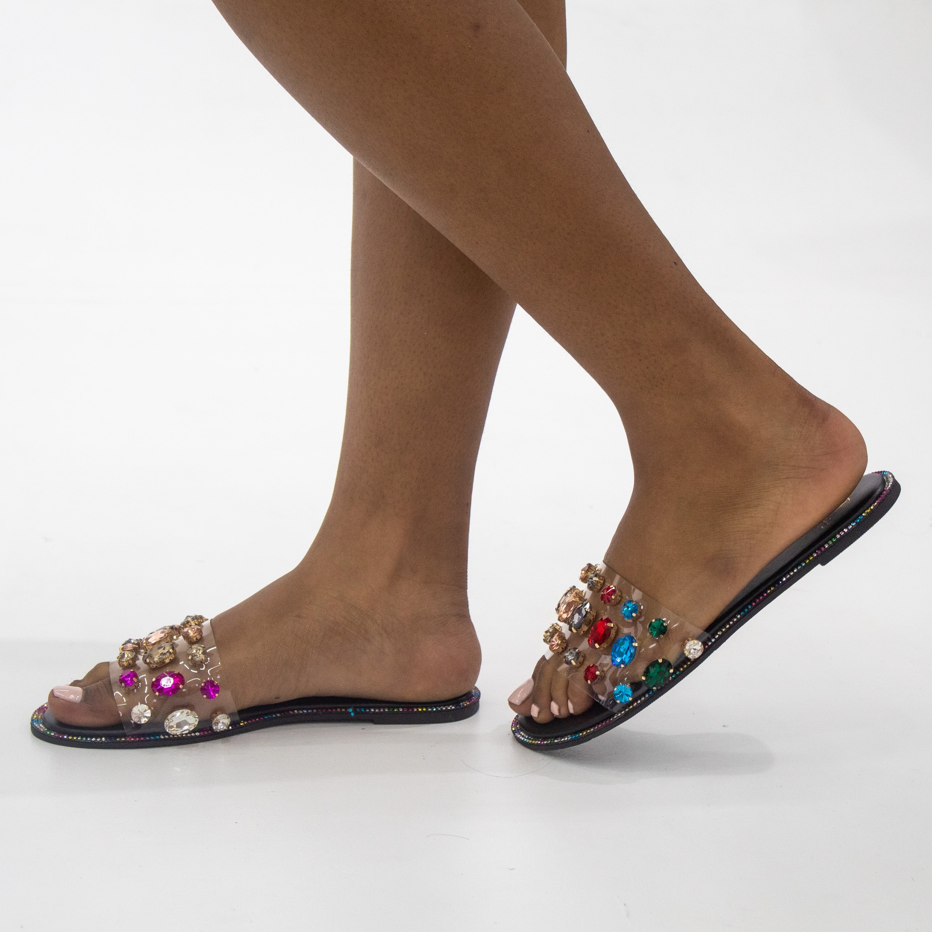 Natalia flat vinyl slide with colour stones black