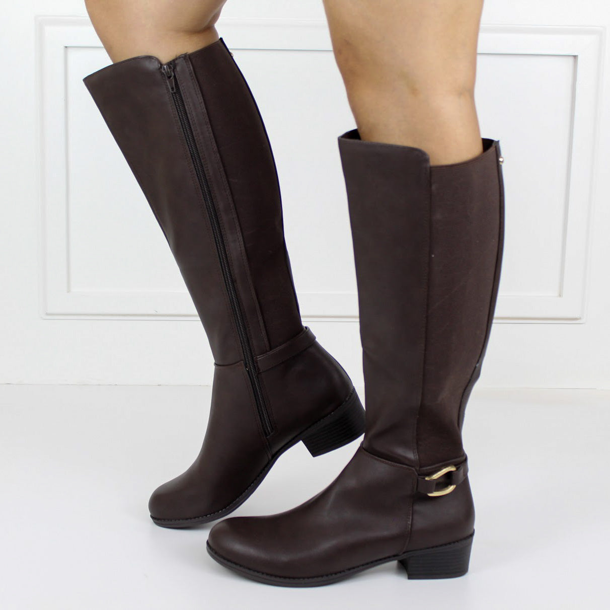 Harper knee high belt buckle low heel boot brown