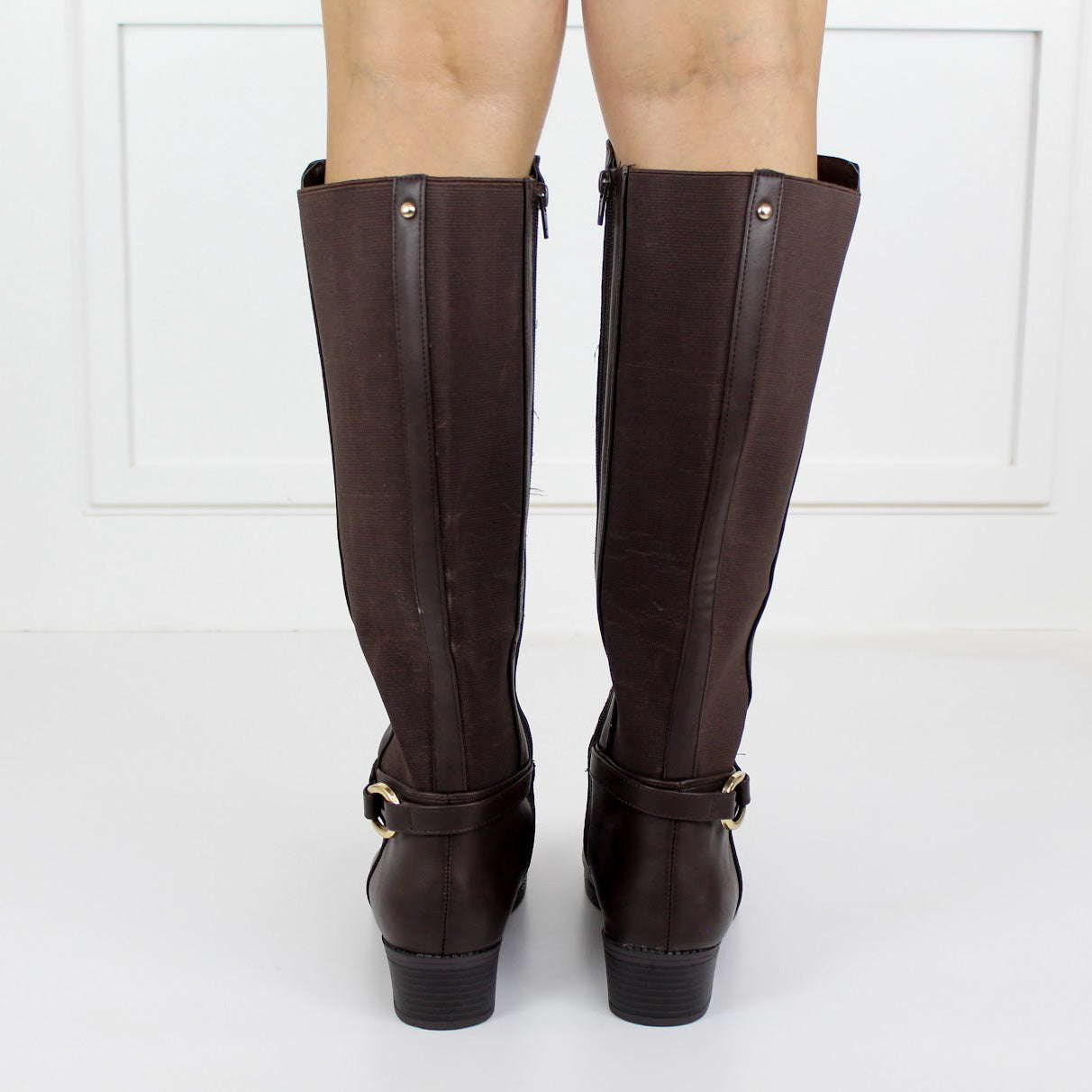 Harper knee high belt buckle low heel boot brown