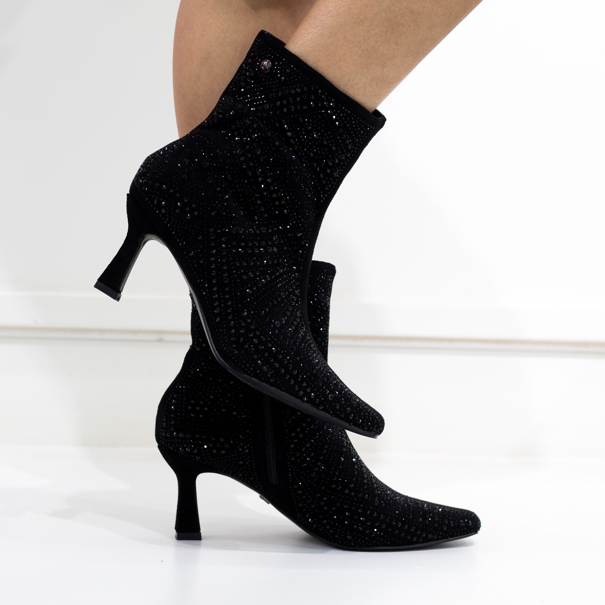 Shape diamante embellished pointy 7cm heel ankle boot black