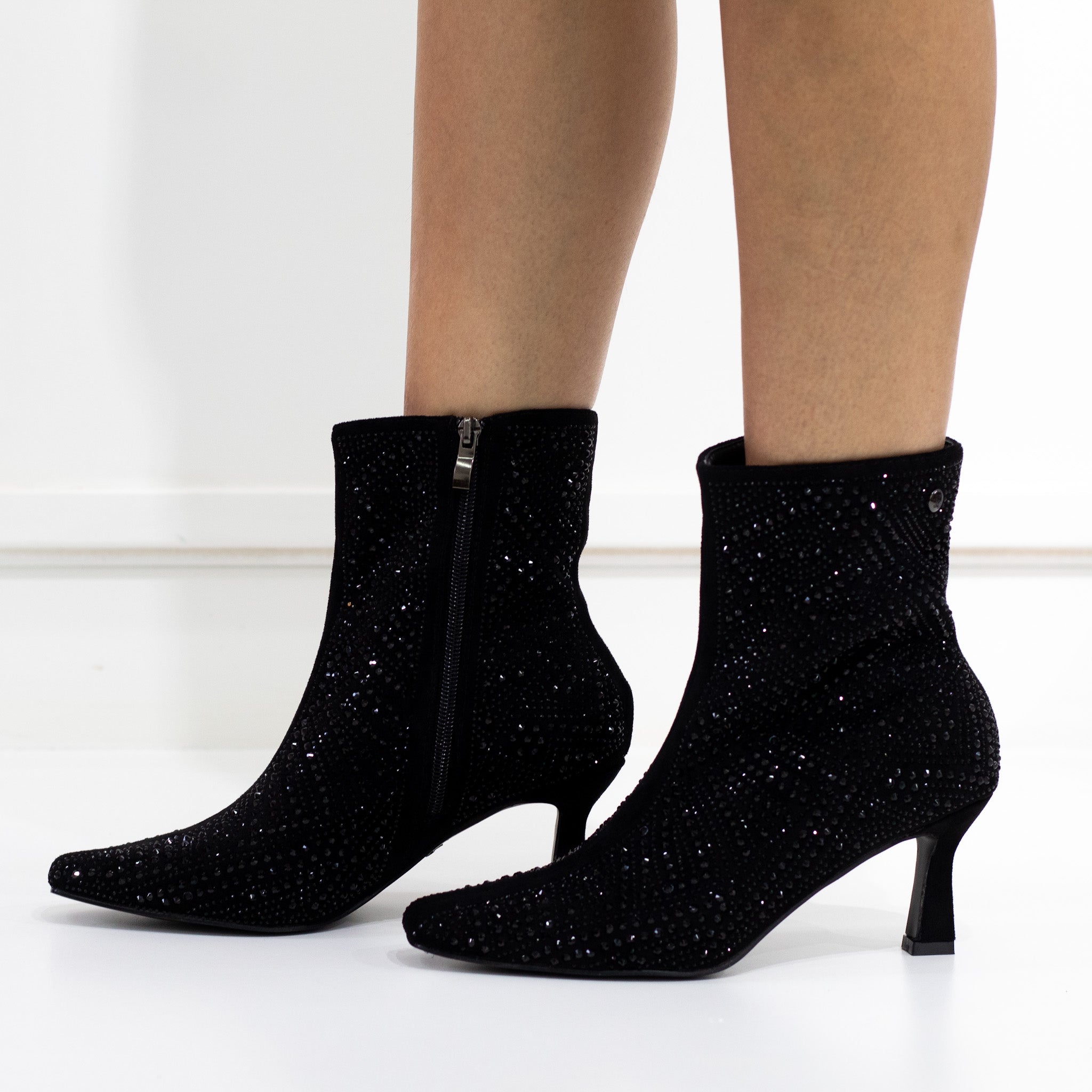 Black diamante embellished pointy 7cm heel ankle boot shape