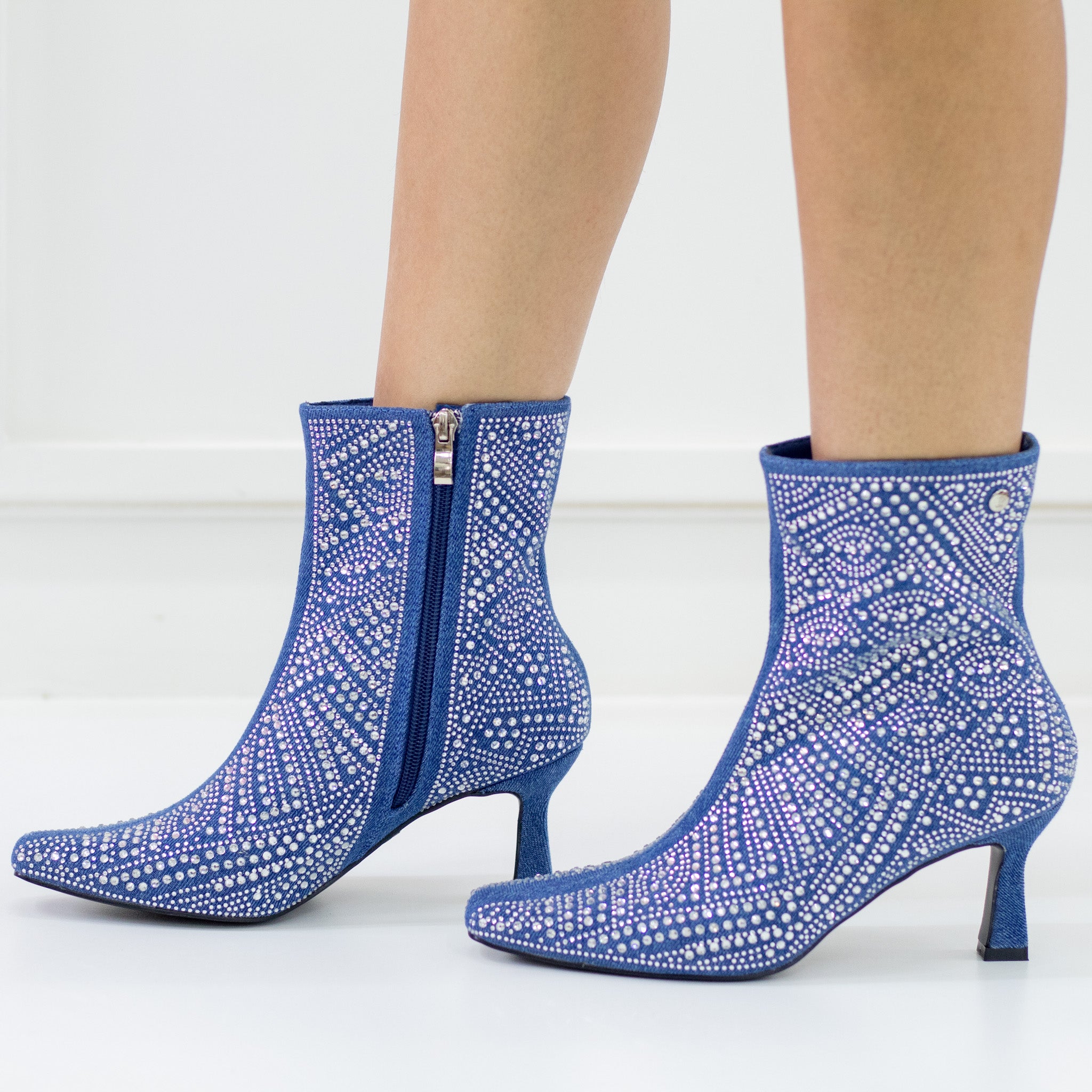 Shape diamante embellished pointy 7cm heel ankle boot denim jeans