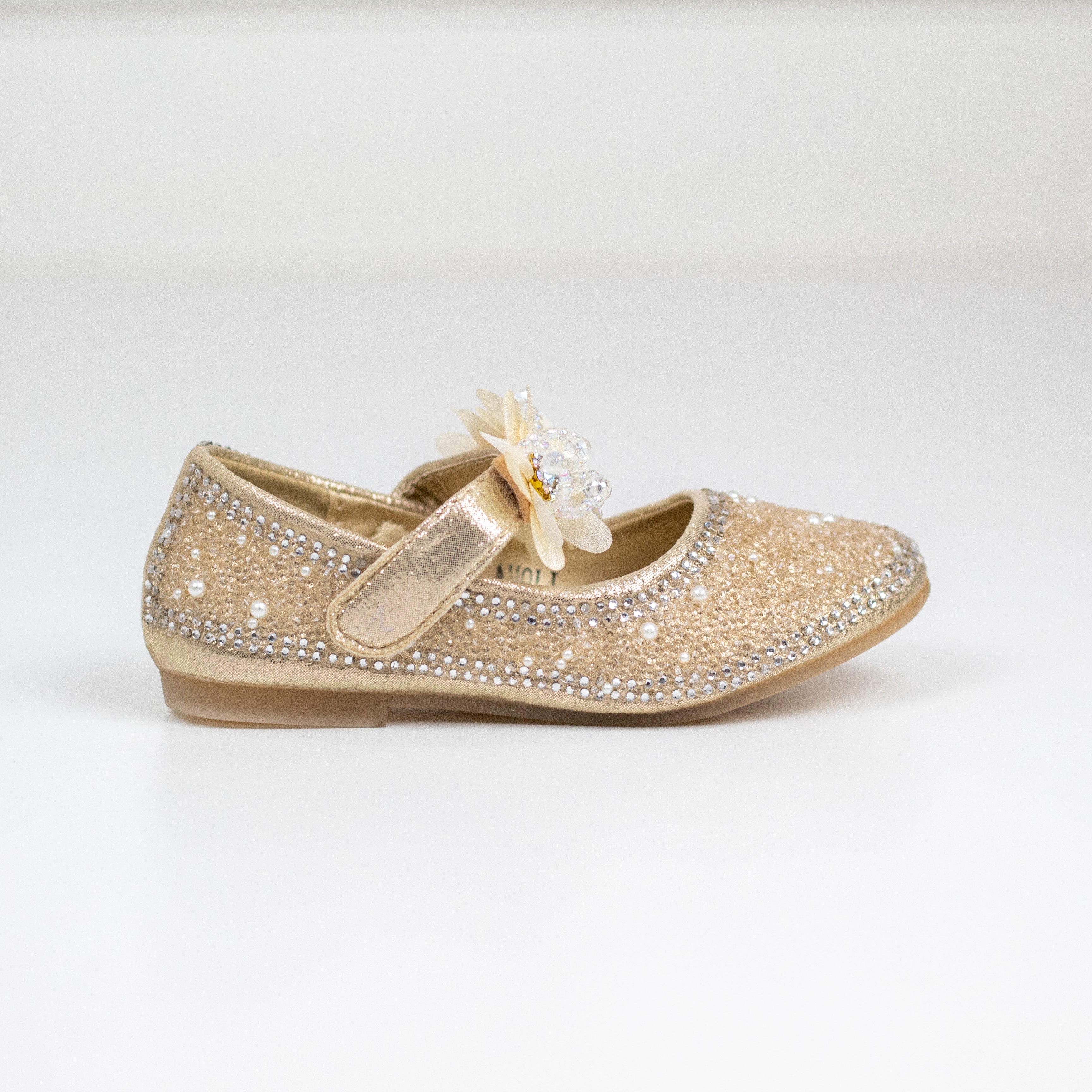 Amoli infant girls diamante upper pump with flower belt gold