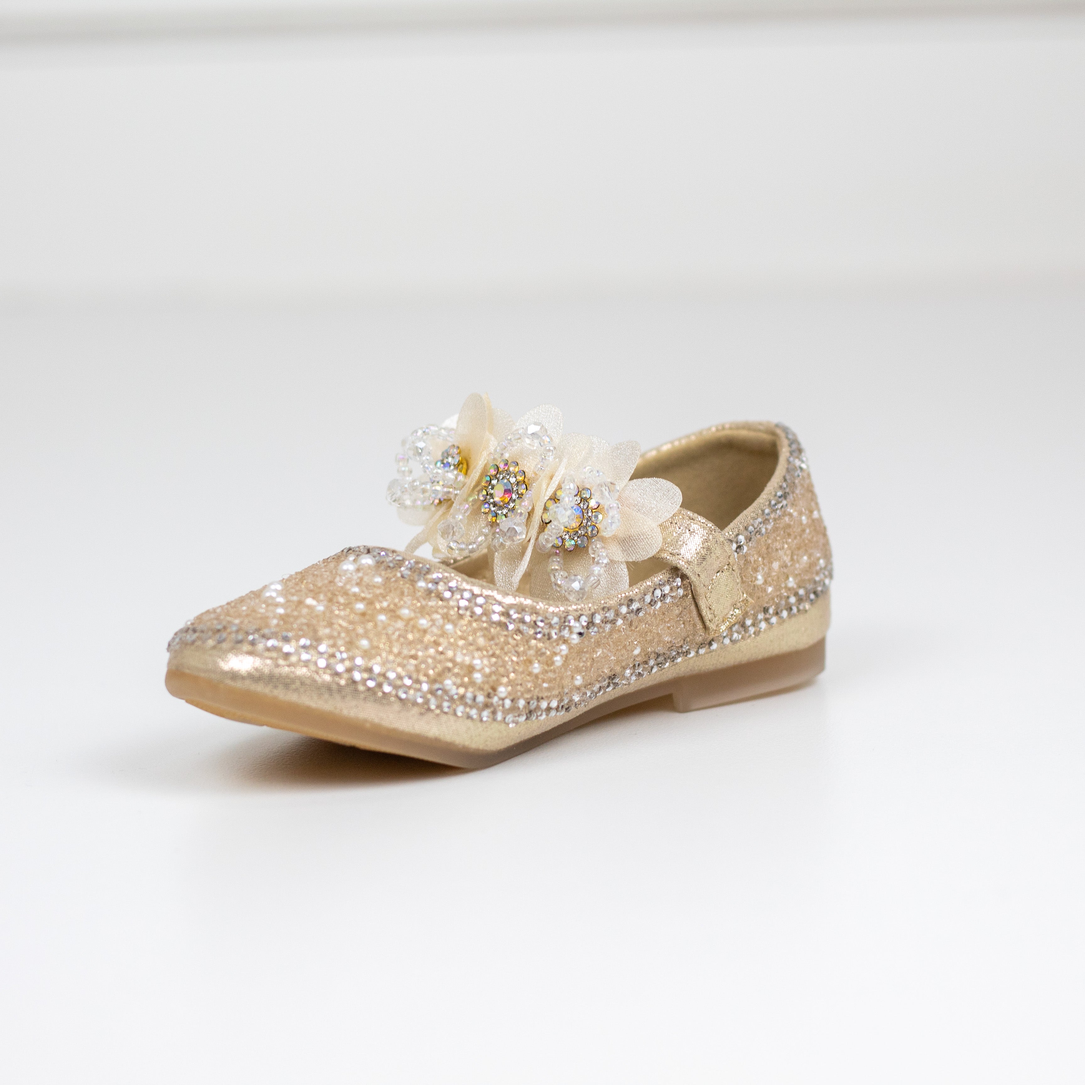 Amoli infant girls diamante upper pump with flower belt gold