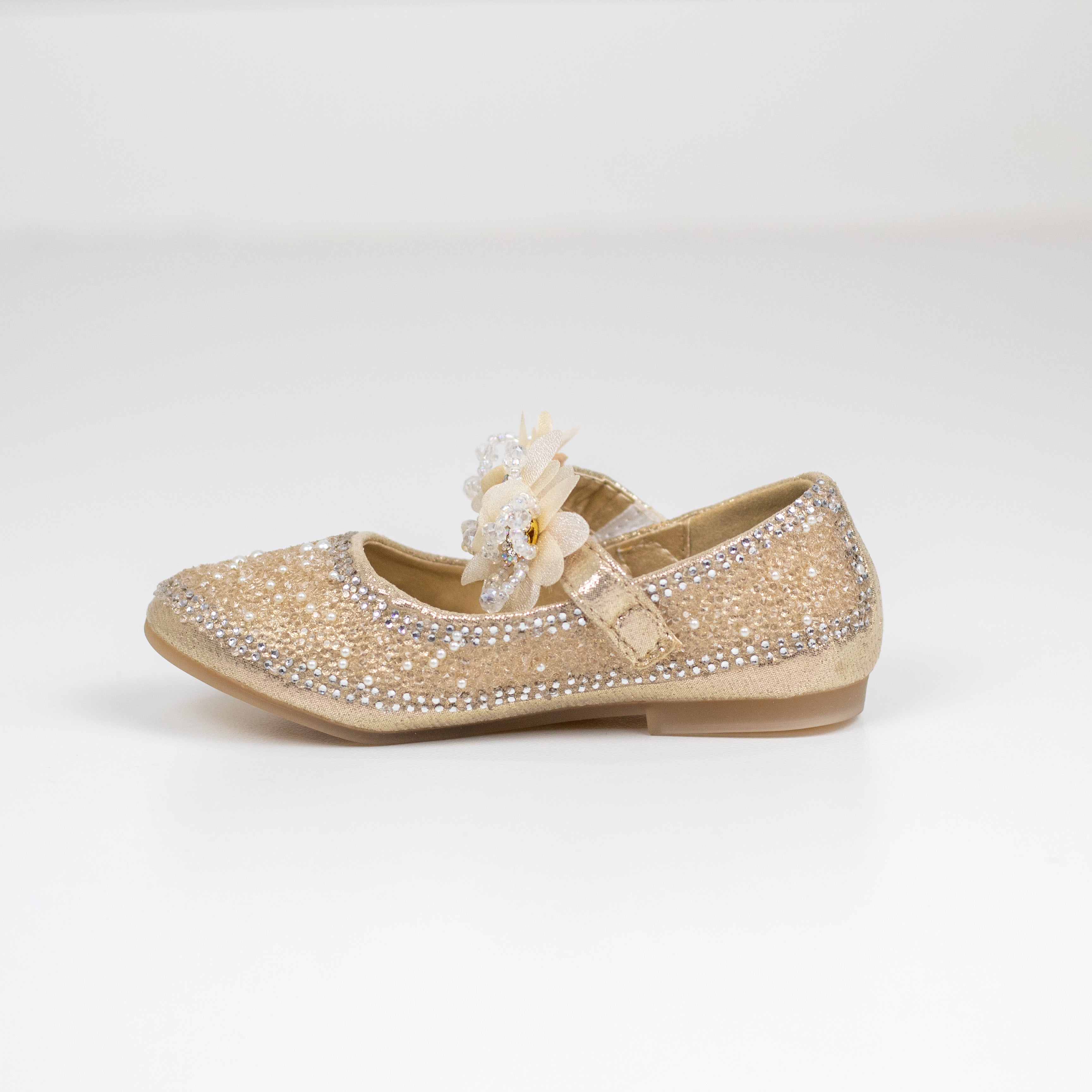 Amoli infant girls diamante upper pump with flower belt gold