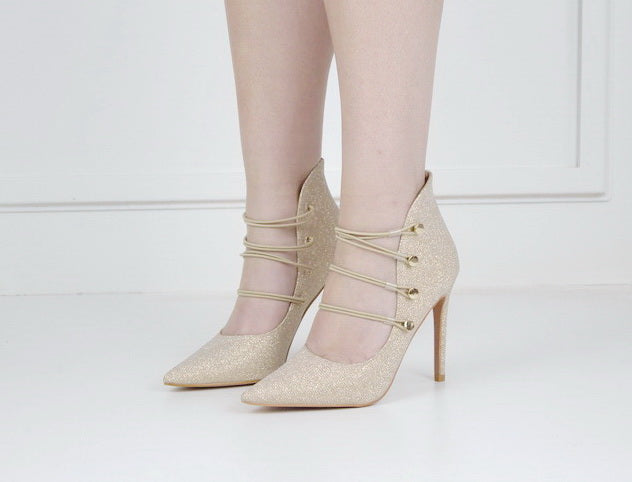 Helen2 shimmer 10cm pointy with 4 elastic belts champagne