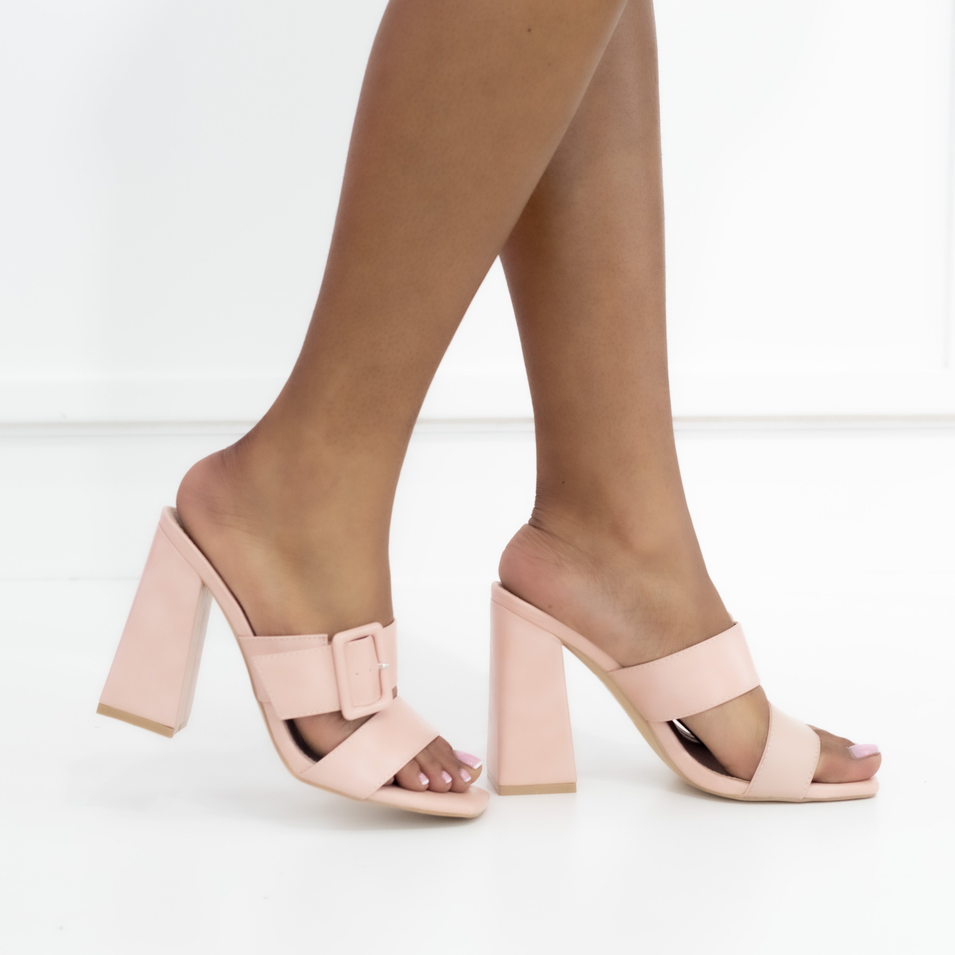 Kareem 2 band slide with buckle trim 10cm heel pink