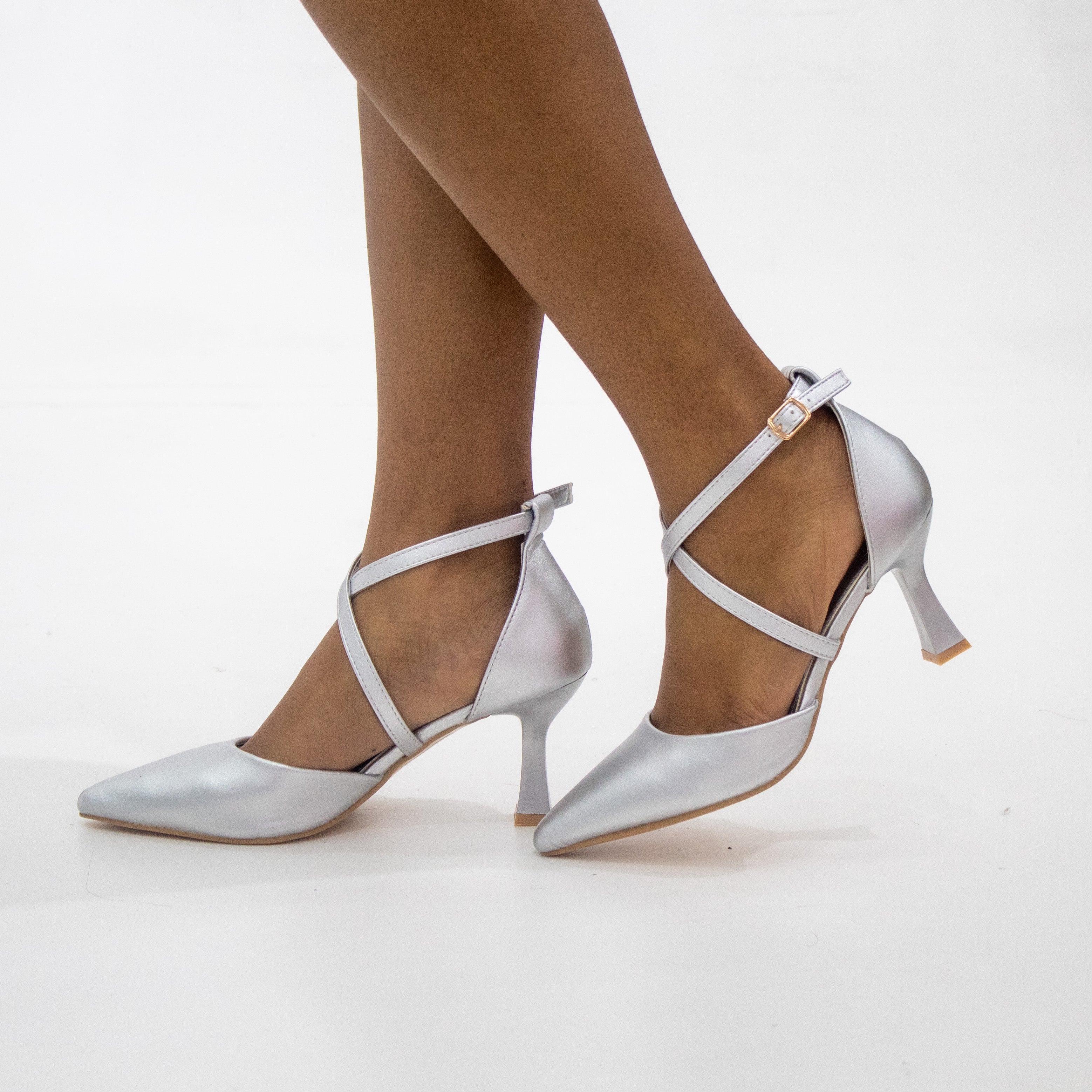 Lunara diamante detailed cross-belts open waist mid heel silver