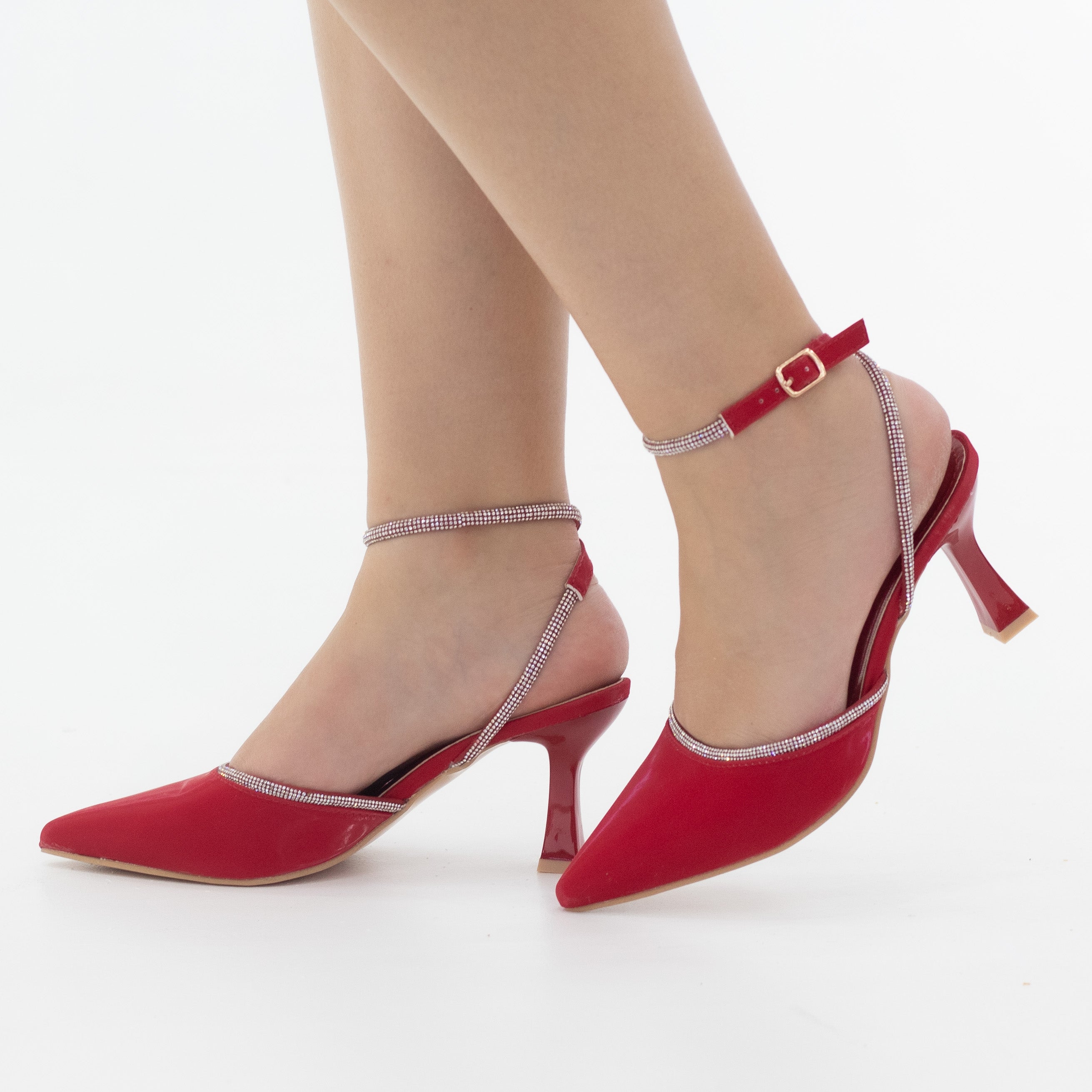 Hamisha embellished with diamante detailed on spool heel red