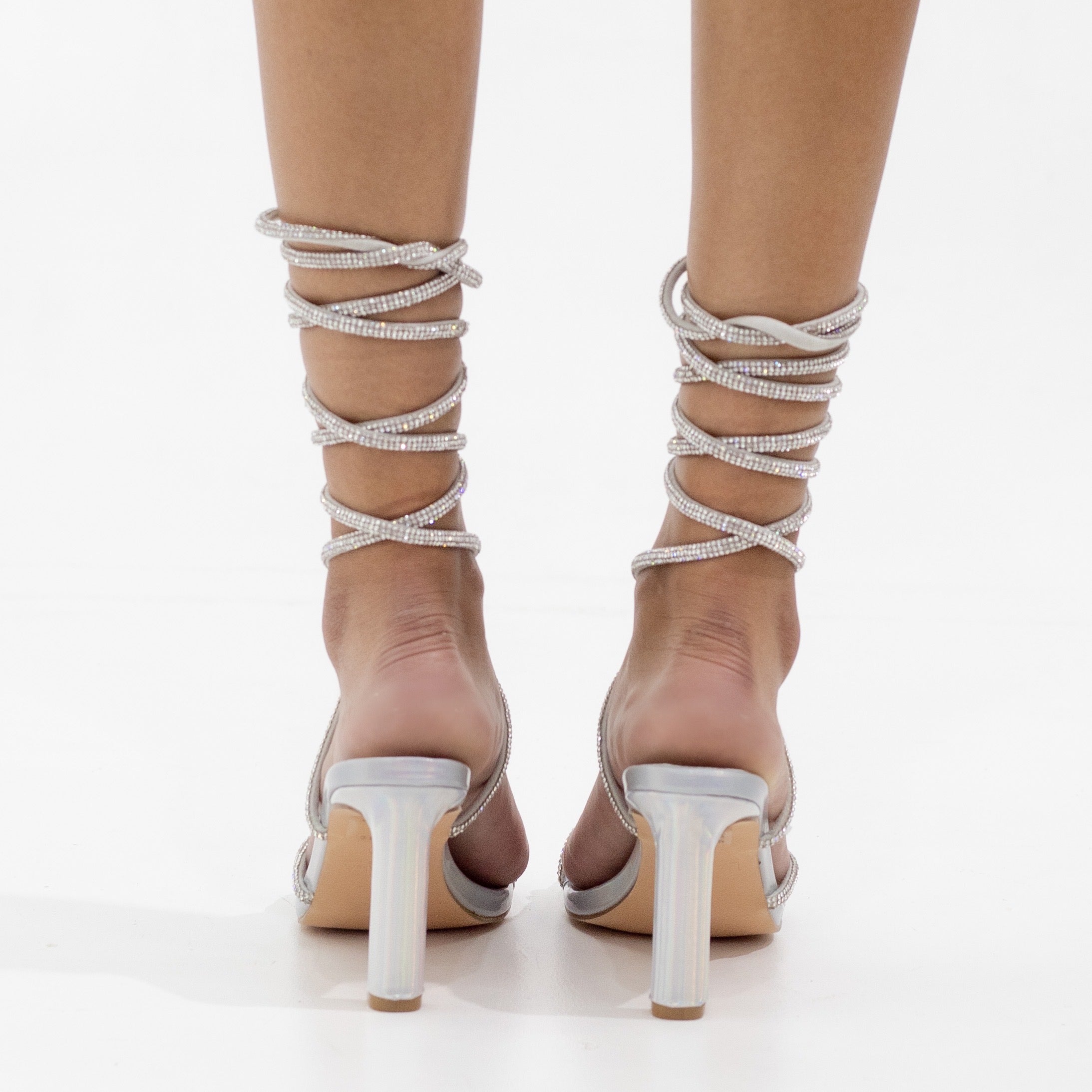 Leovie diamante strippy tie up 8.5cm heel sandal silver