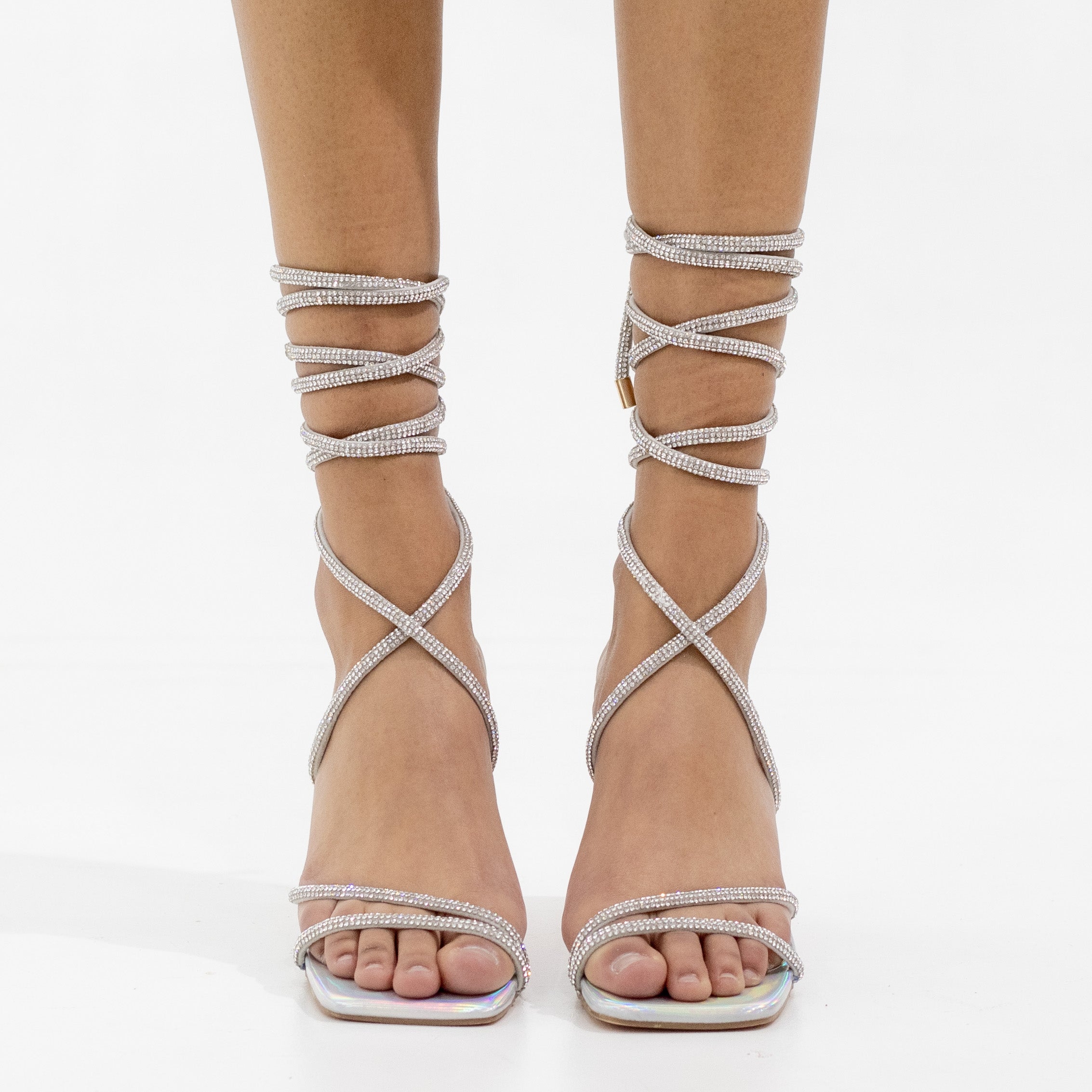 Leovie diamante strippy tie up 8.5cm heel sandal silver