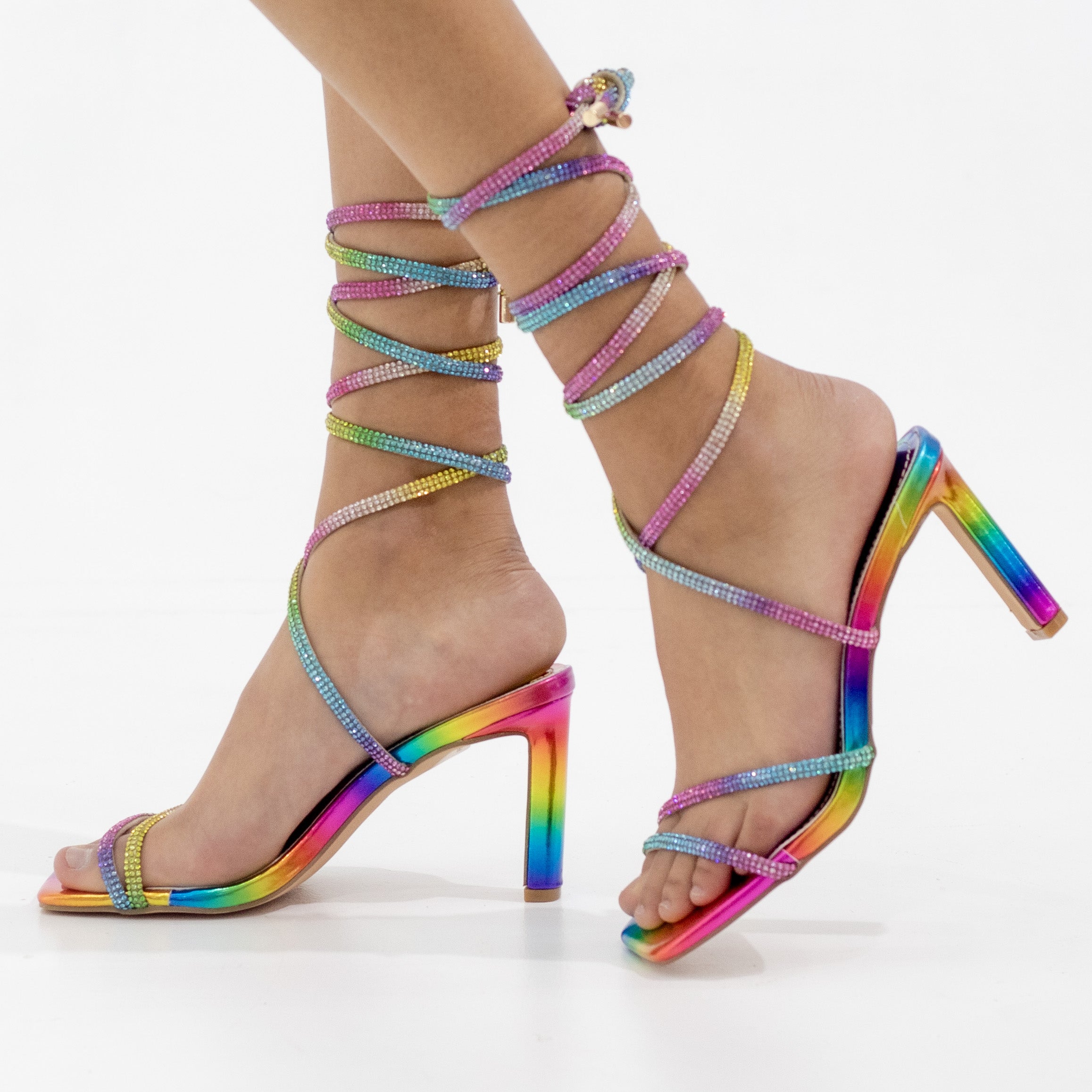 Leovie diamante strippy tie up 8.5cm heel sandal multi