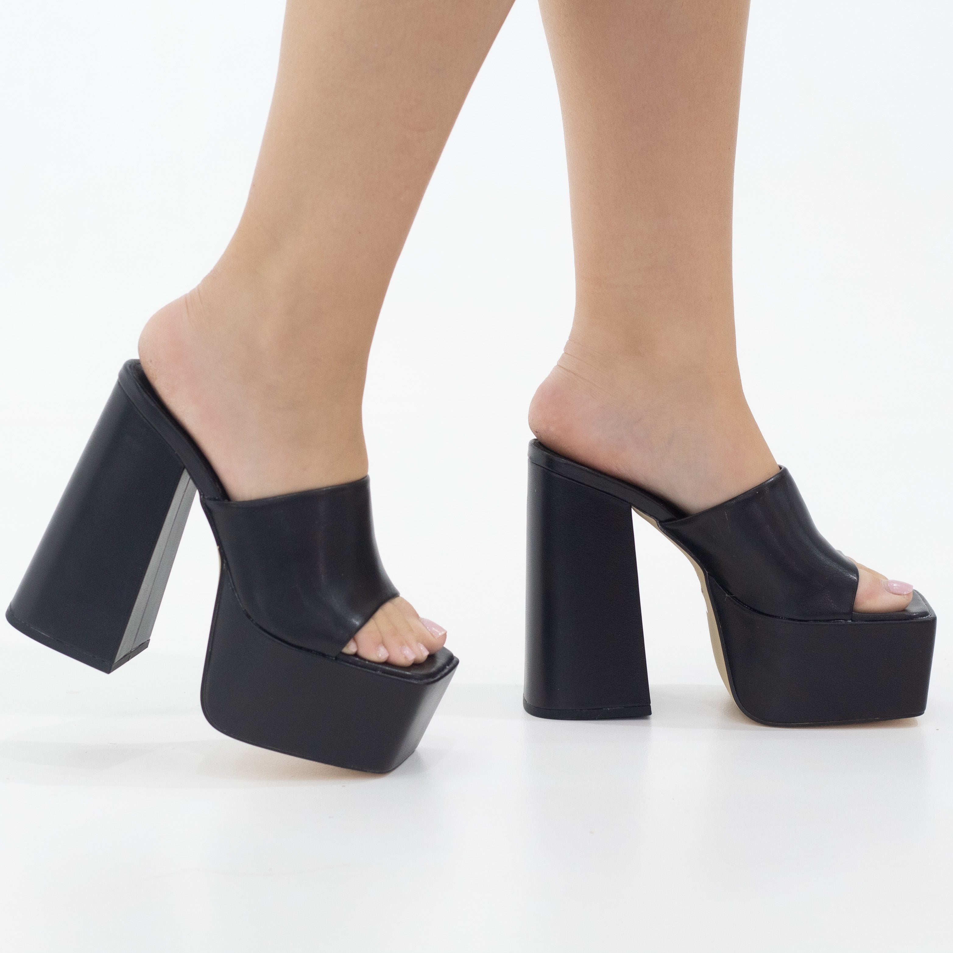 Porto platform slide on 14cm thick heel PU black