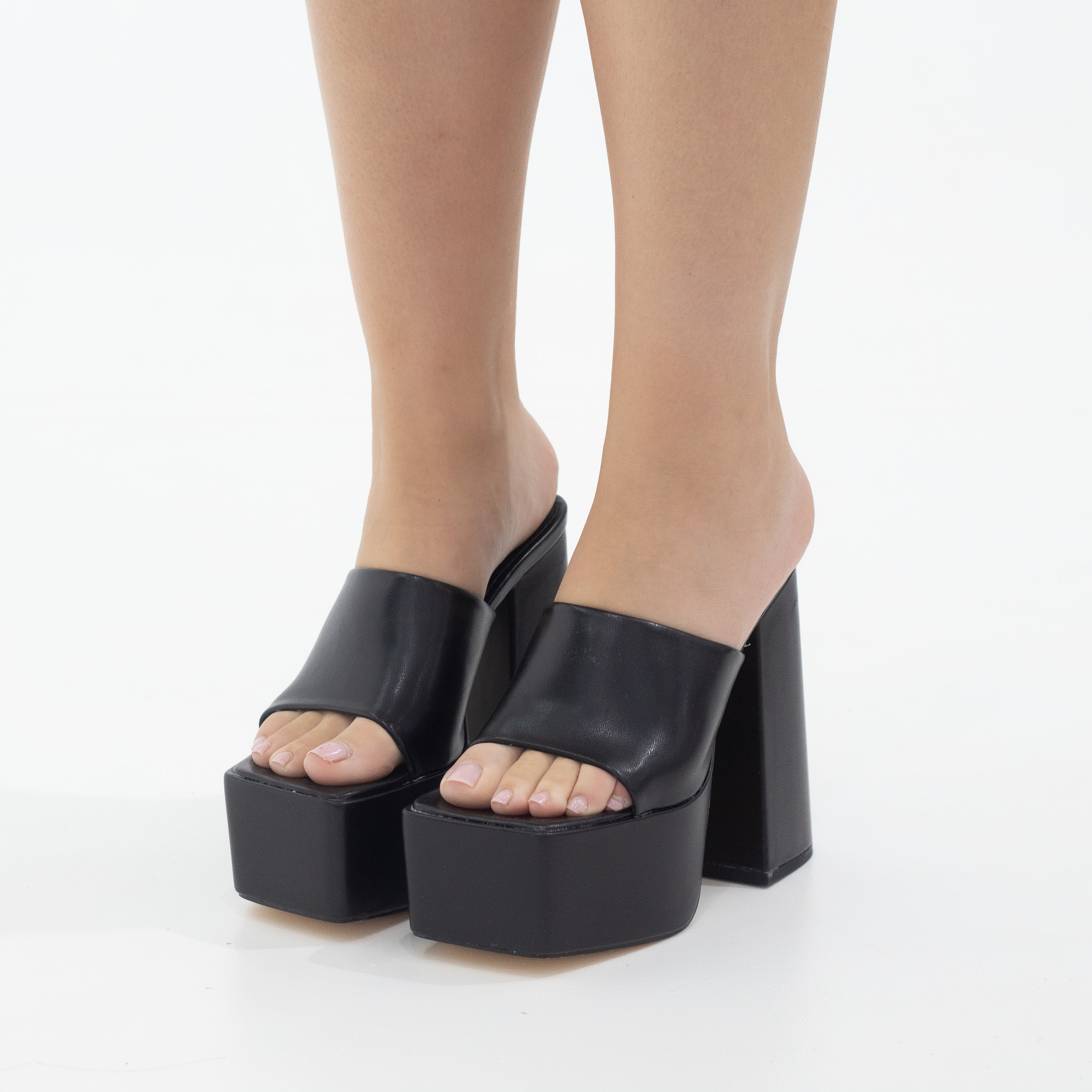 Porto platform slide on 14cm thick heel PU black