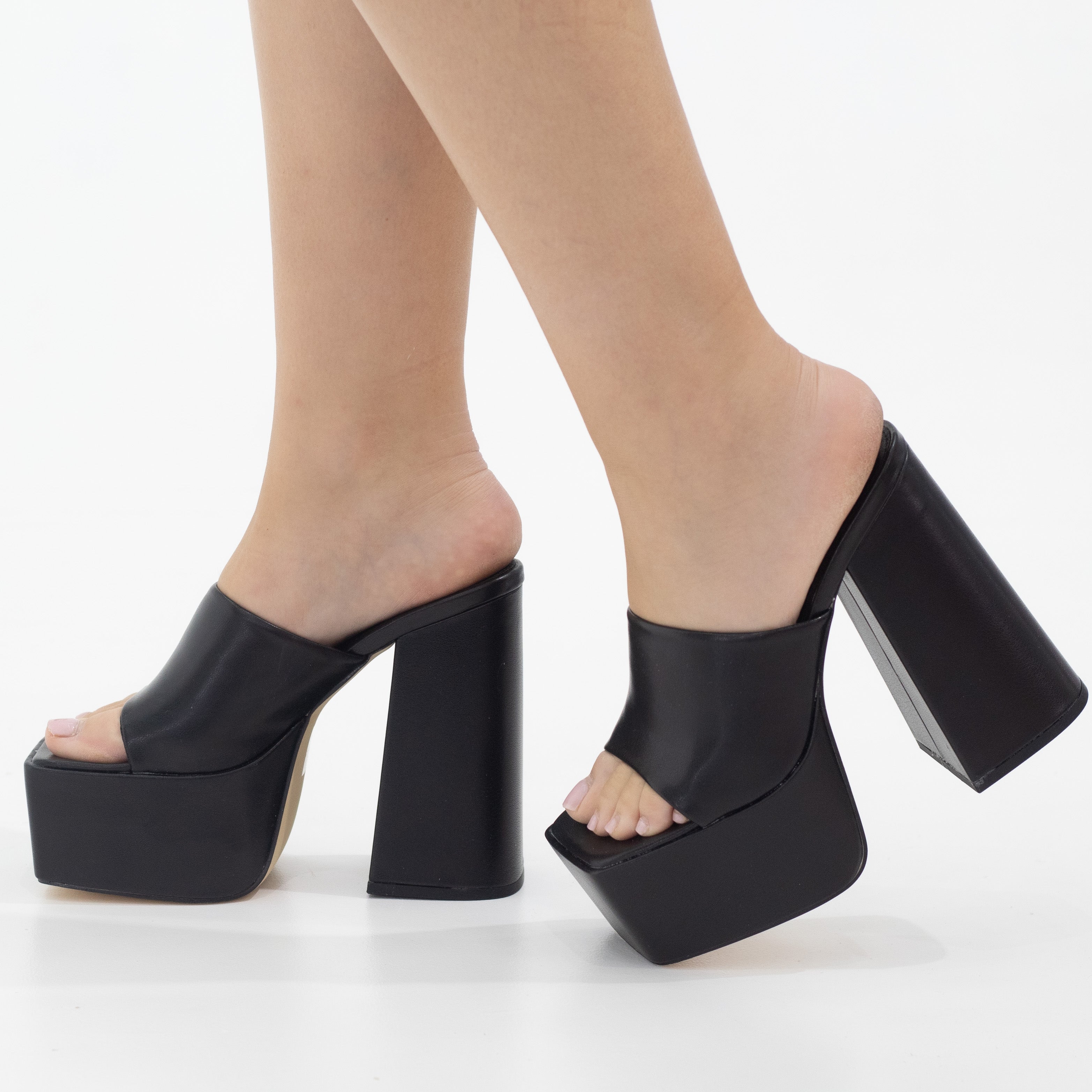 Porto platform slide on 14cm thick heel PU black