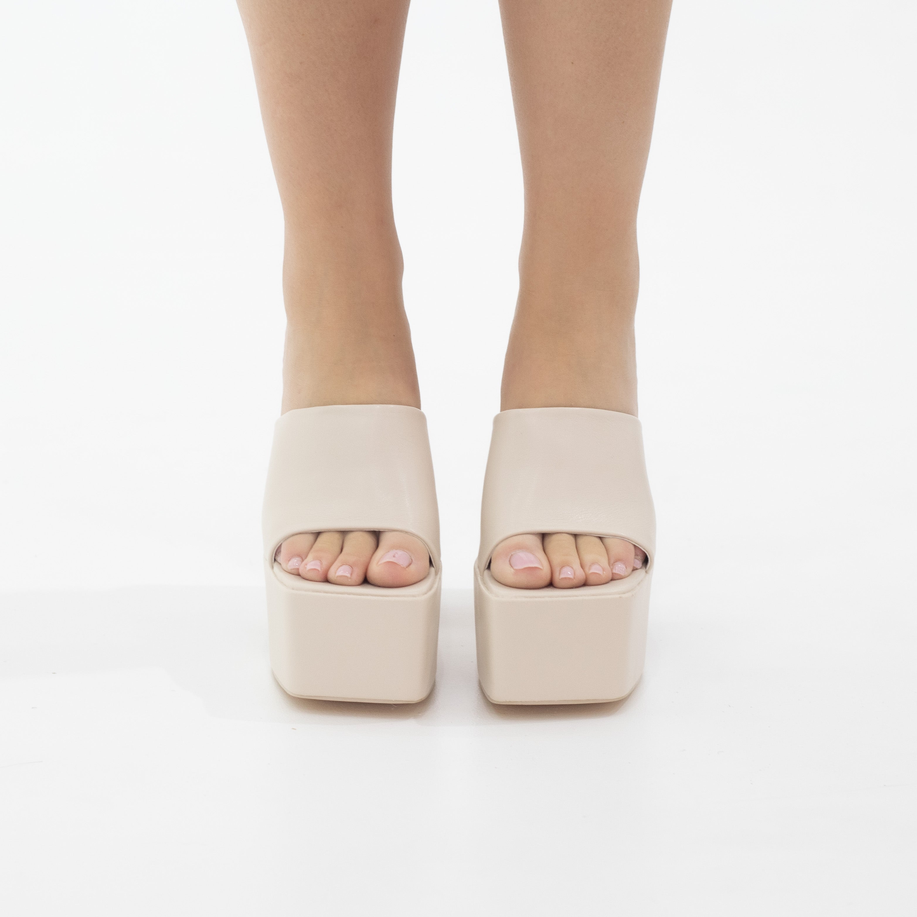 Porto platform slide on 14cm thick heel PU bone