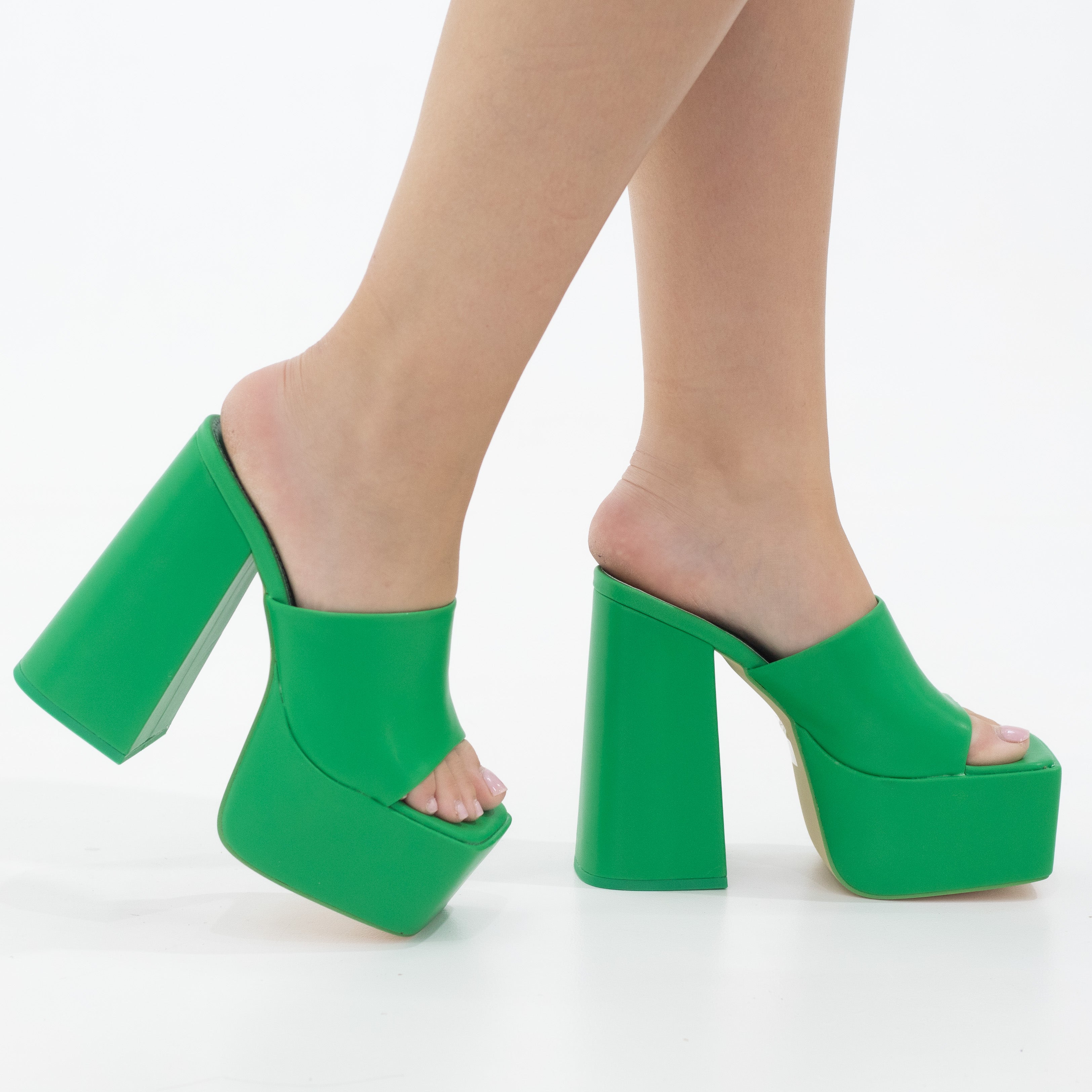 Porto platform slide on 14cm thick heel PU green