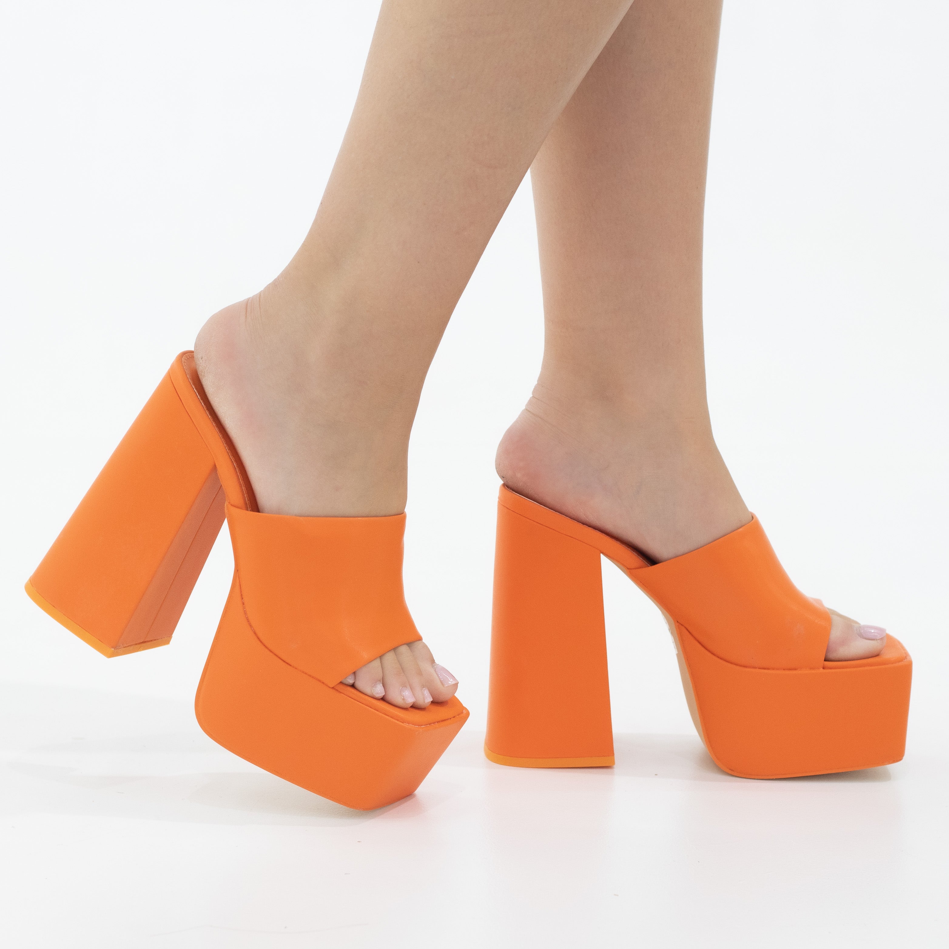 Porto platform slide on 14cm thick heel PU orange