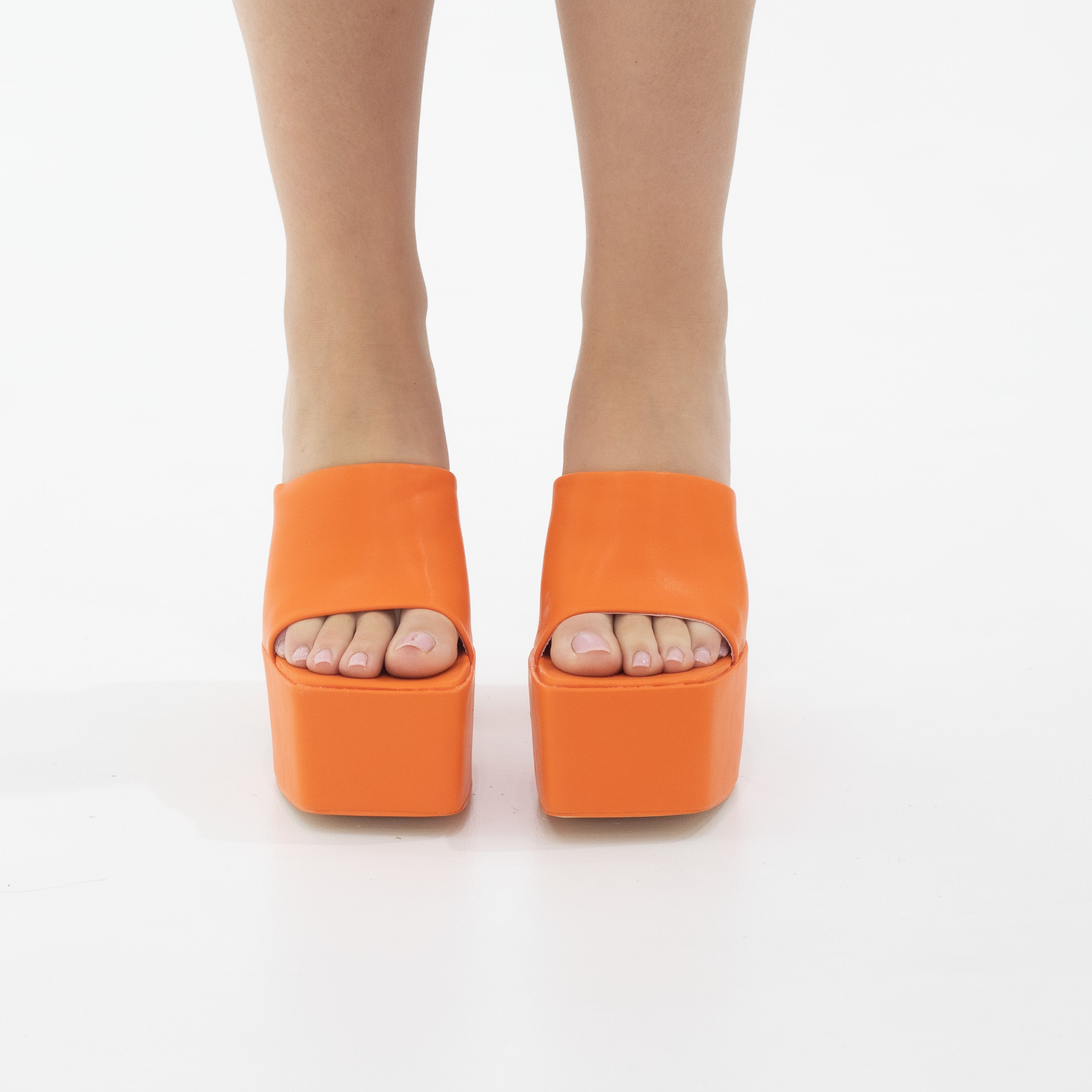 Porto platform slide on 14cm thick heel PU orange