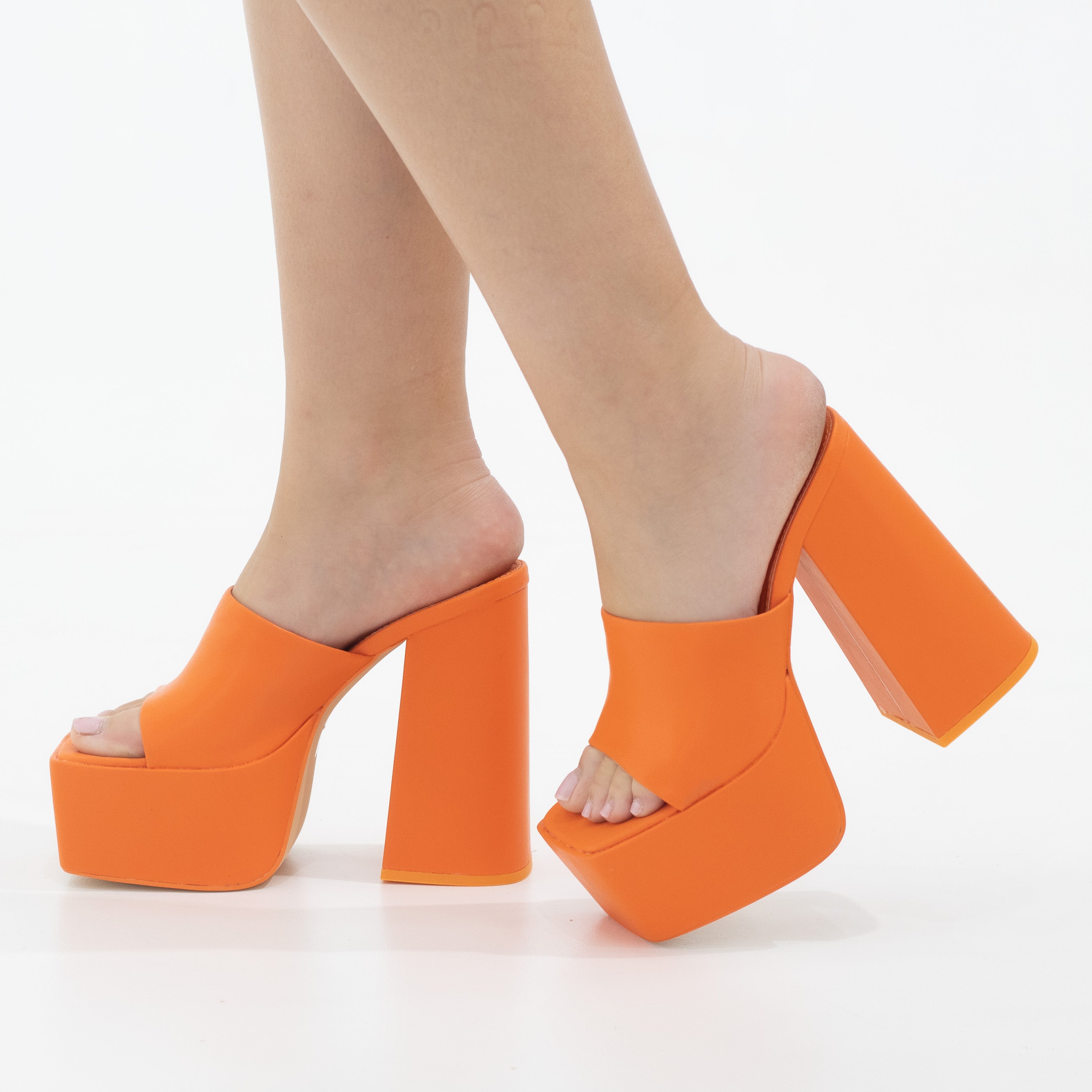 Porto platform slide on 14cm thick heel PU orange