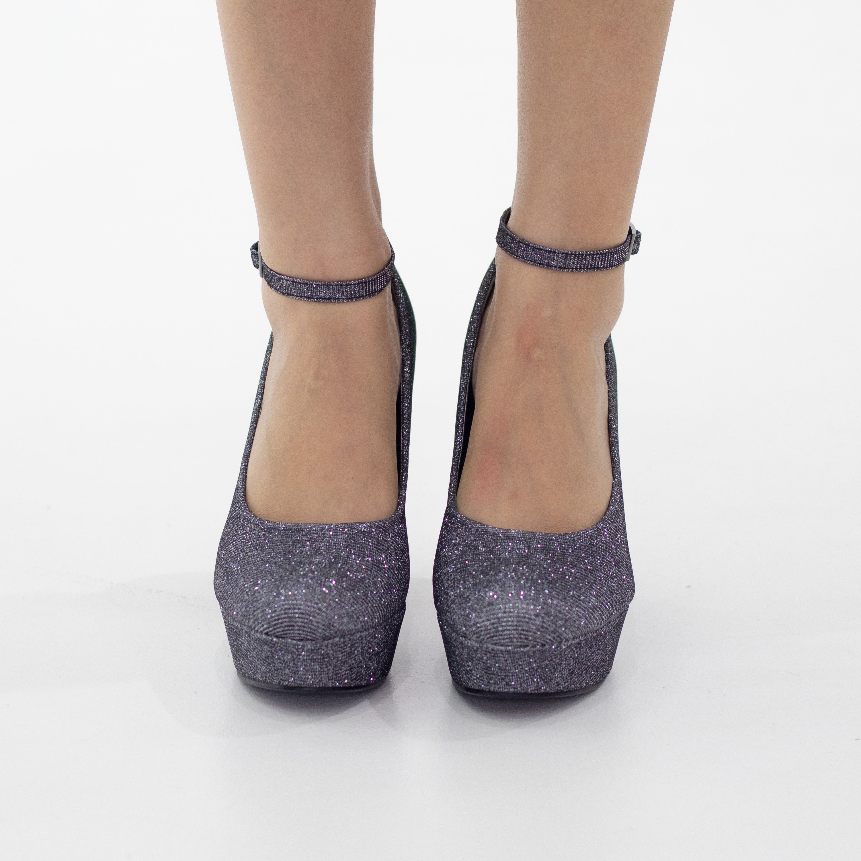 Irana ankle strap platform courts shimmer 12cm heel pewter