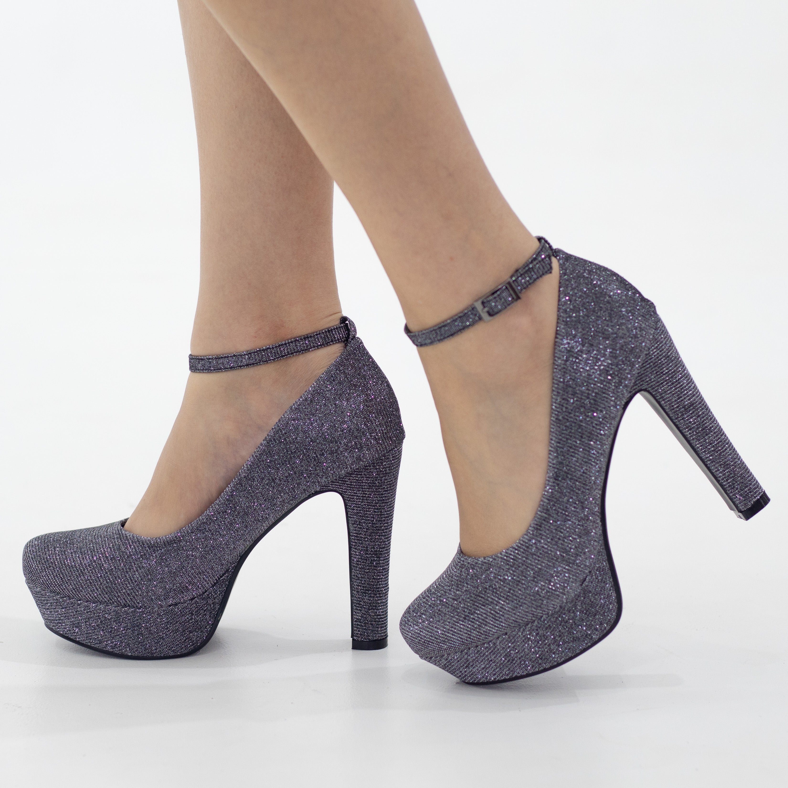 Irana ankle strap platform courts shimmer 12cm heel pewter