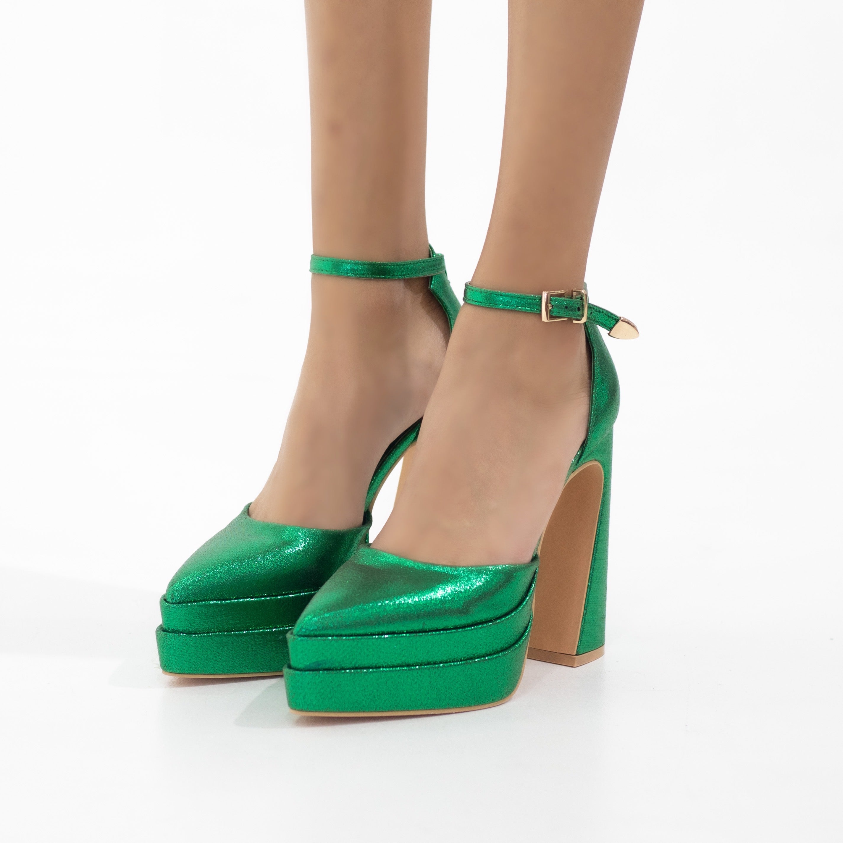 Coney 13.5cm platform heel Funky one band ankle strap pointy green