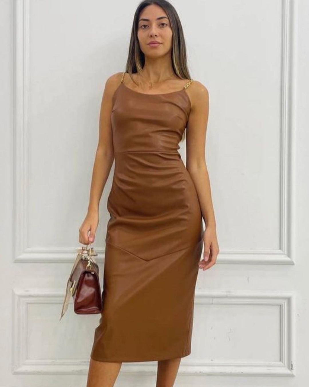 Jemma chain strap vegan leather dress coffee