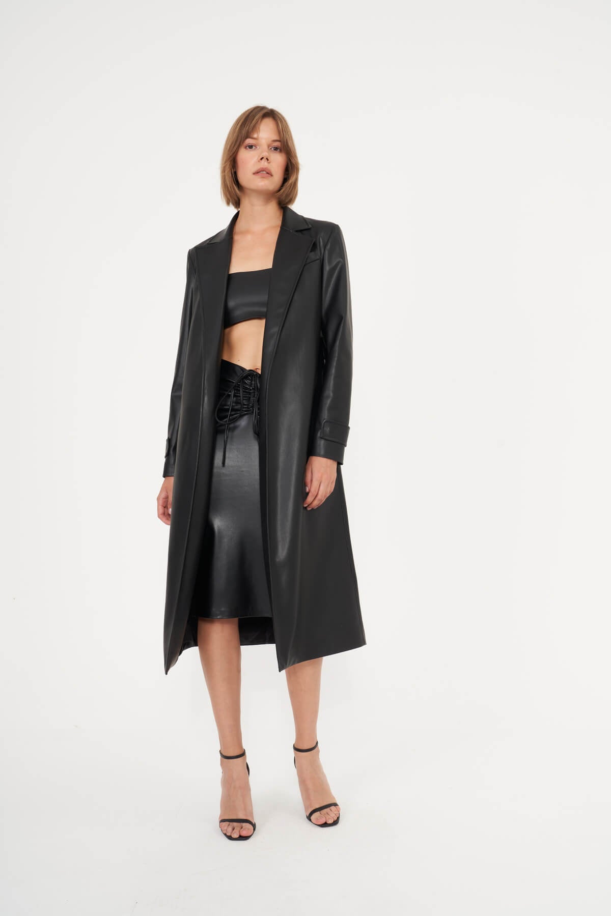 Siyah drawstring vegan leather midi skirt black