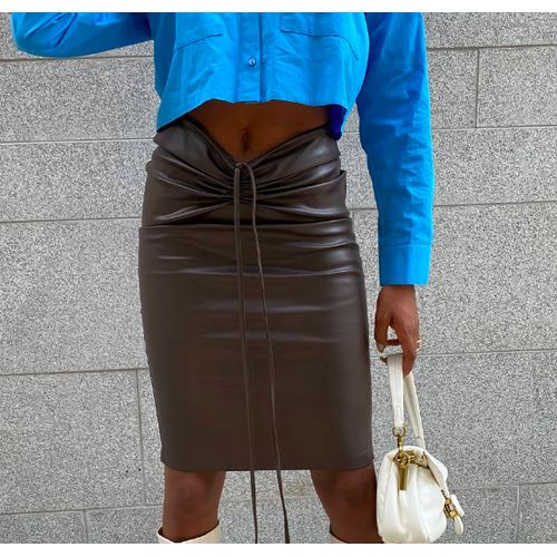 Siyah drawstring vegan leather midi skirt brown