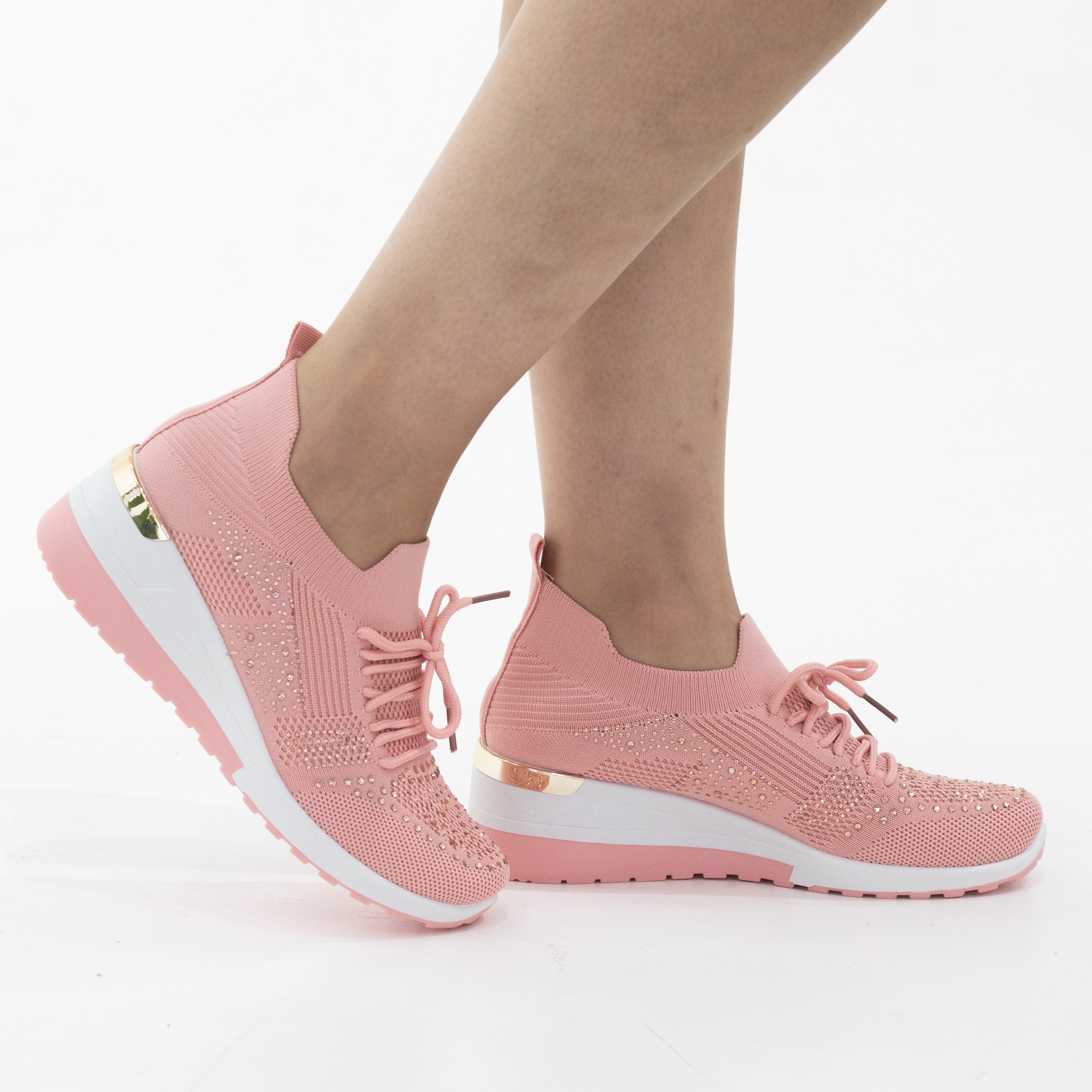 Obioma fly knit lace up sneaker with diamonds pink