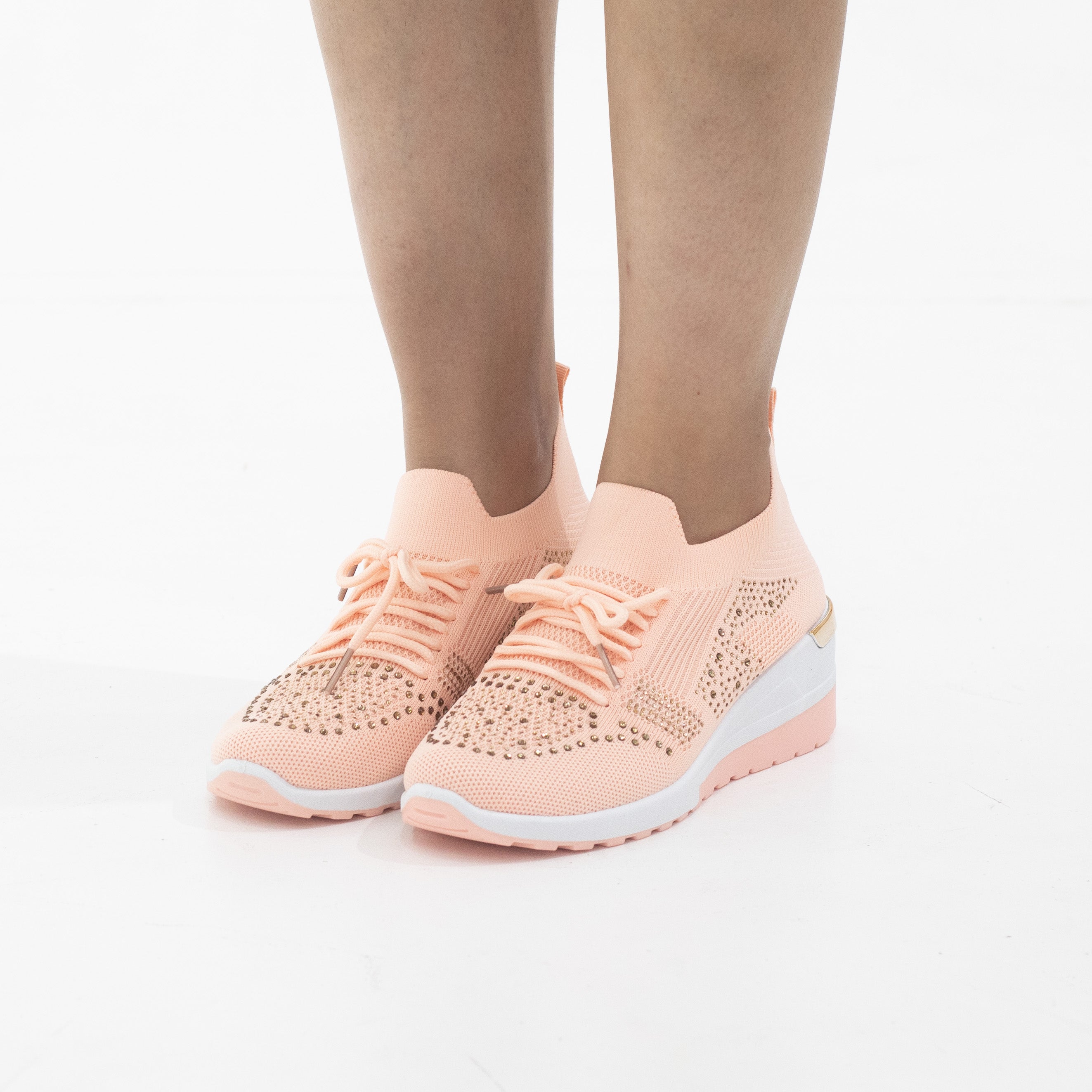 Obioma fly knit lace up sneaker with diamonds apricot