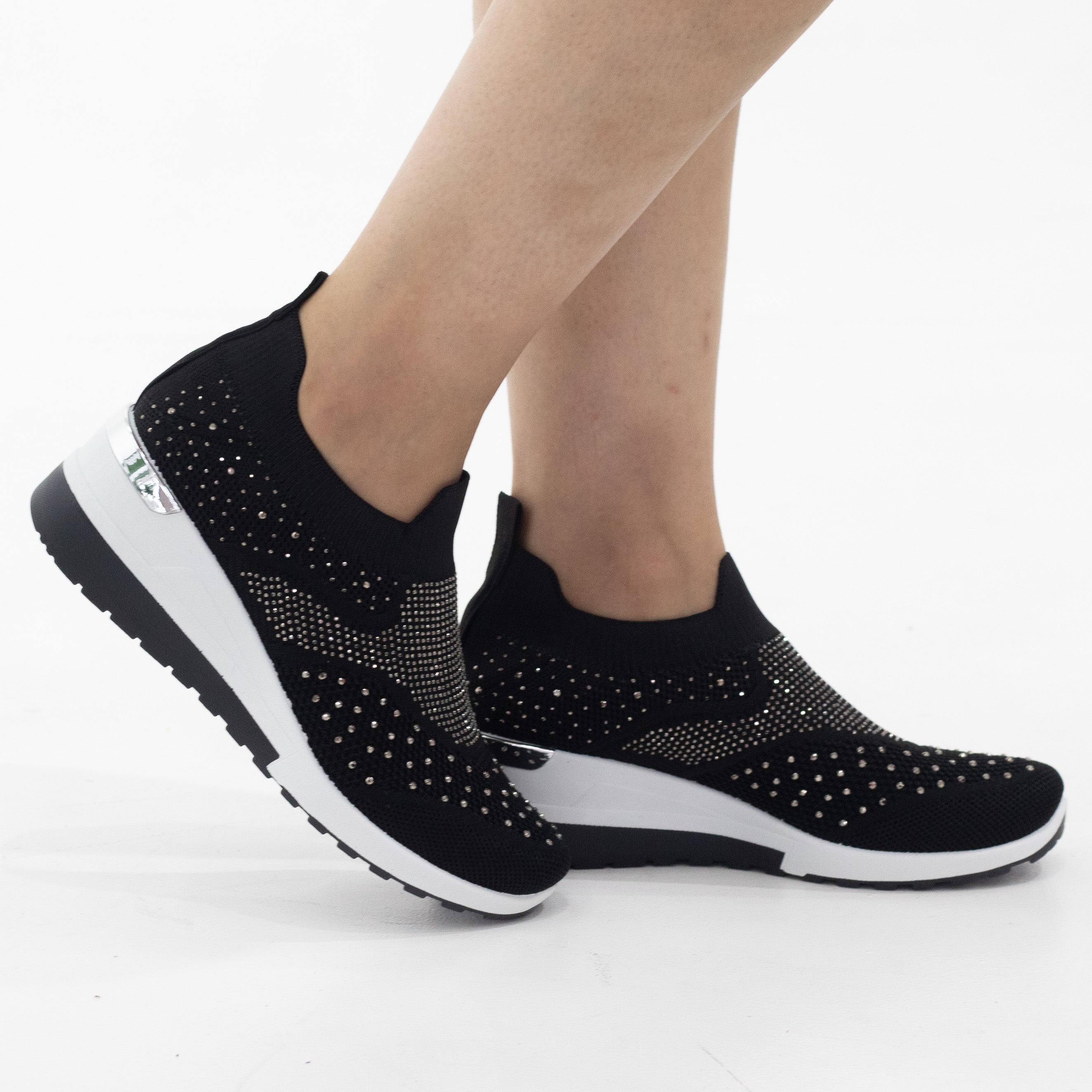 Octavia fly knit slip on sneaker with diamonds black