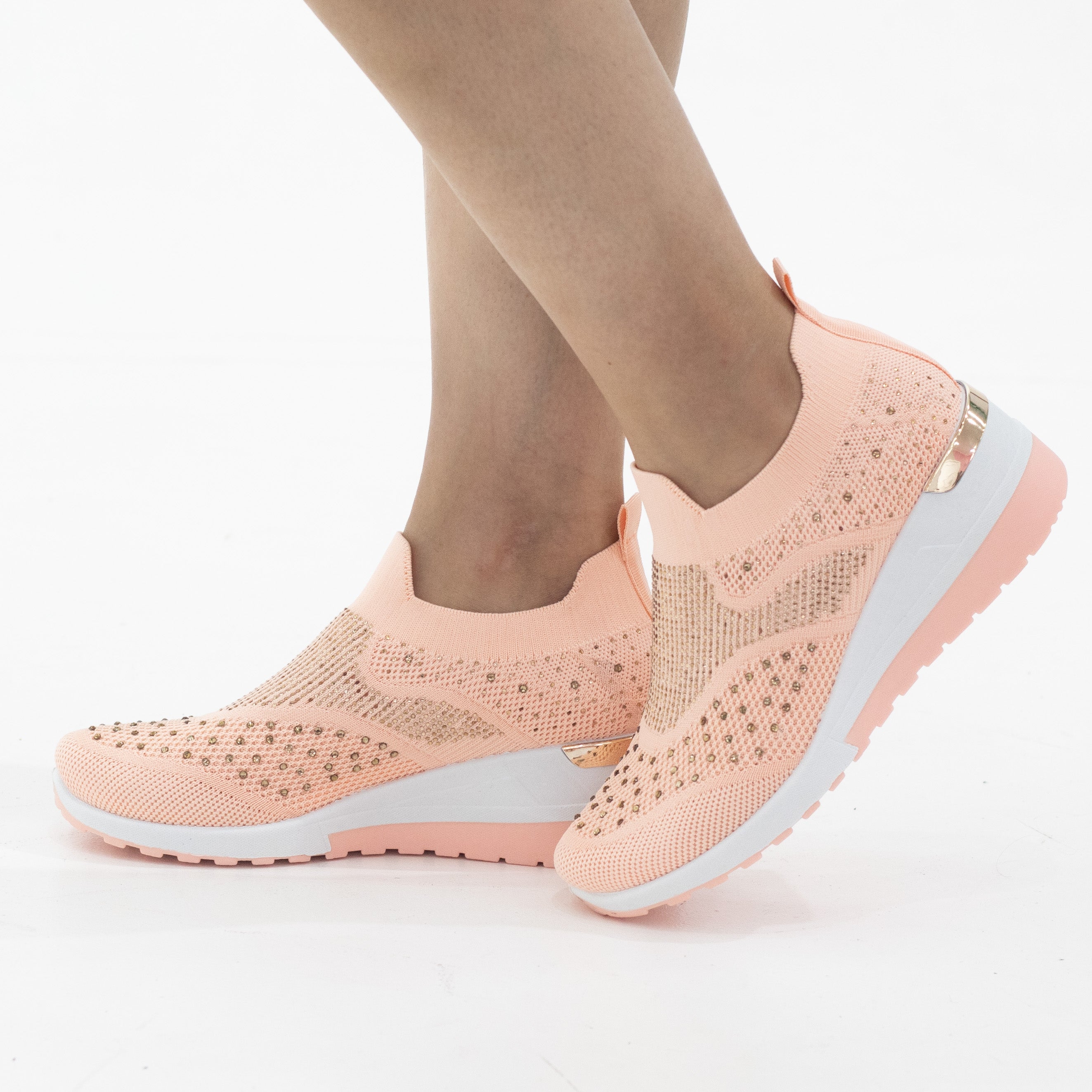 Octavia fly knit slip on sneaker with diamonds apricot