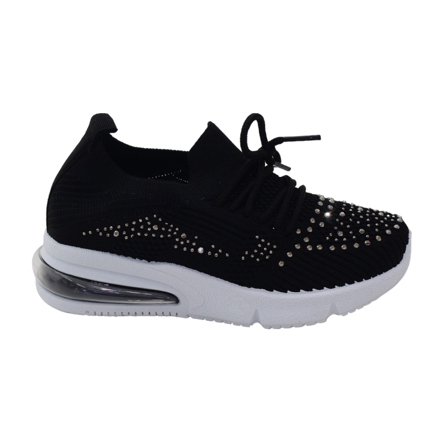 Obioma girls fly knit lace up sneaker with diamonds black