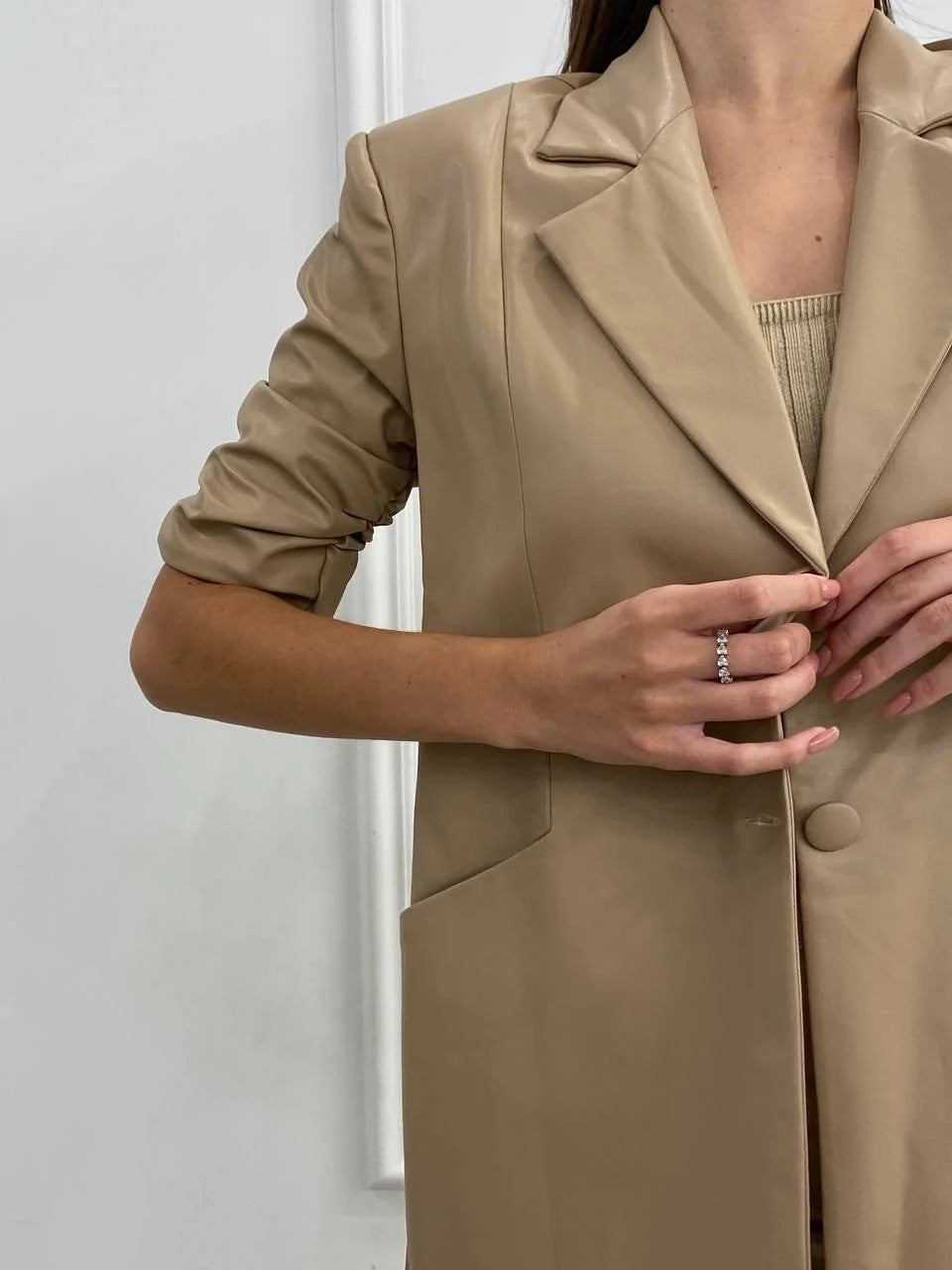 Milly half sleeve vegan leather blazer nude