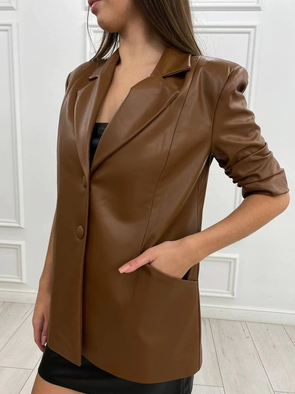 Milly half sleeve vegan leather blazer butterscotch