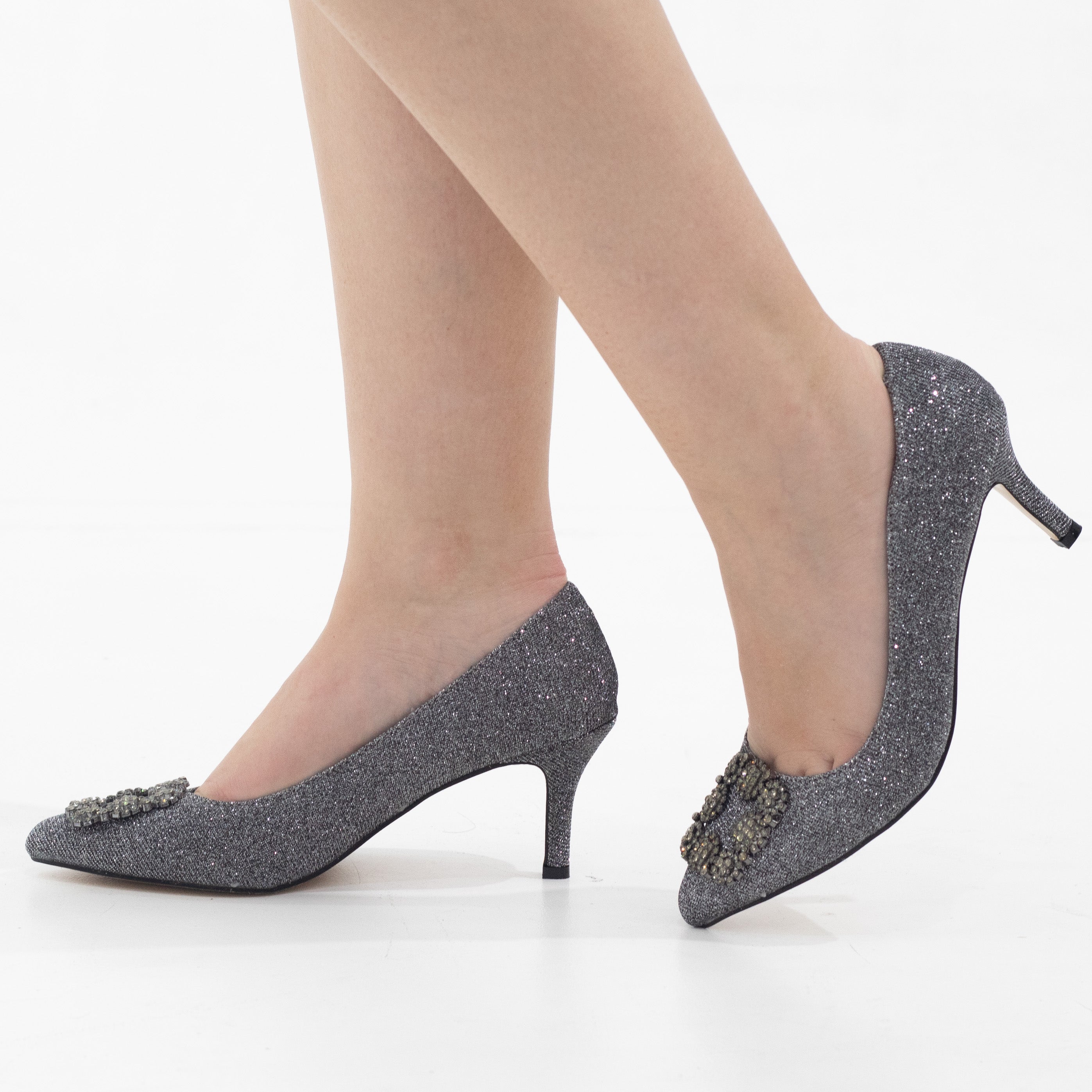 Simone shimmer 8cm heel court with trim pewter