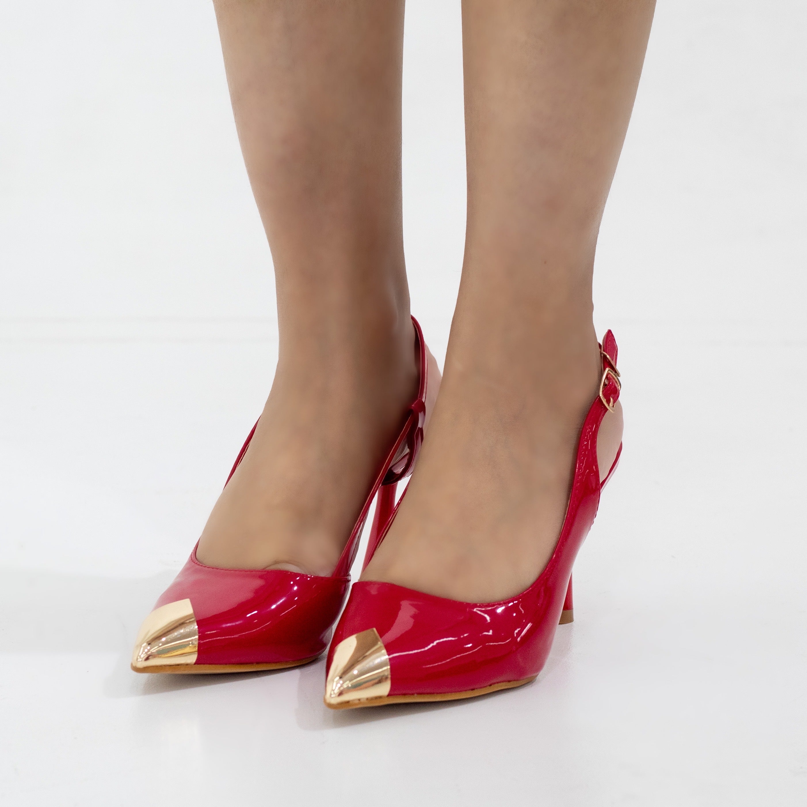 Obella 8.5cm heel pat sling back with gold pointy toe red