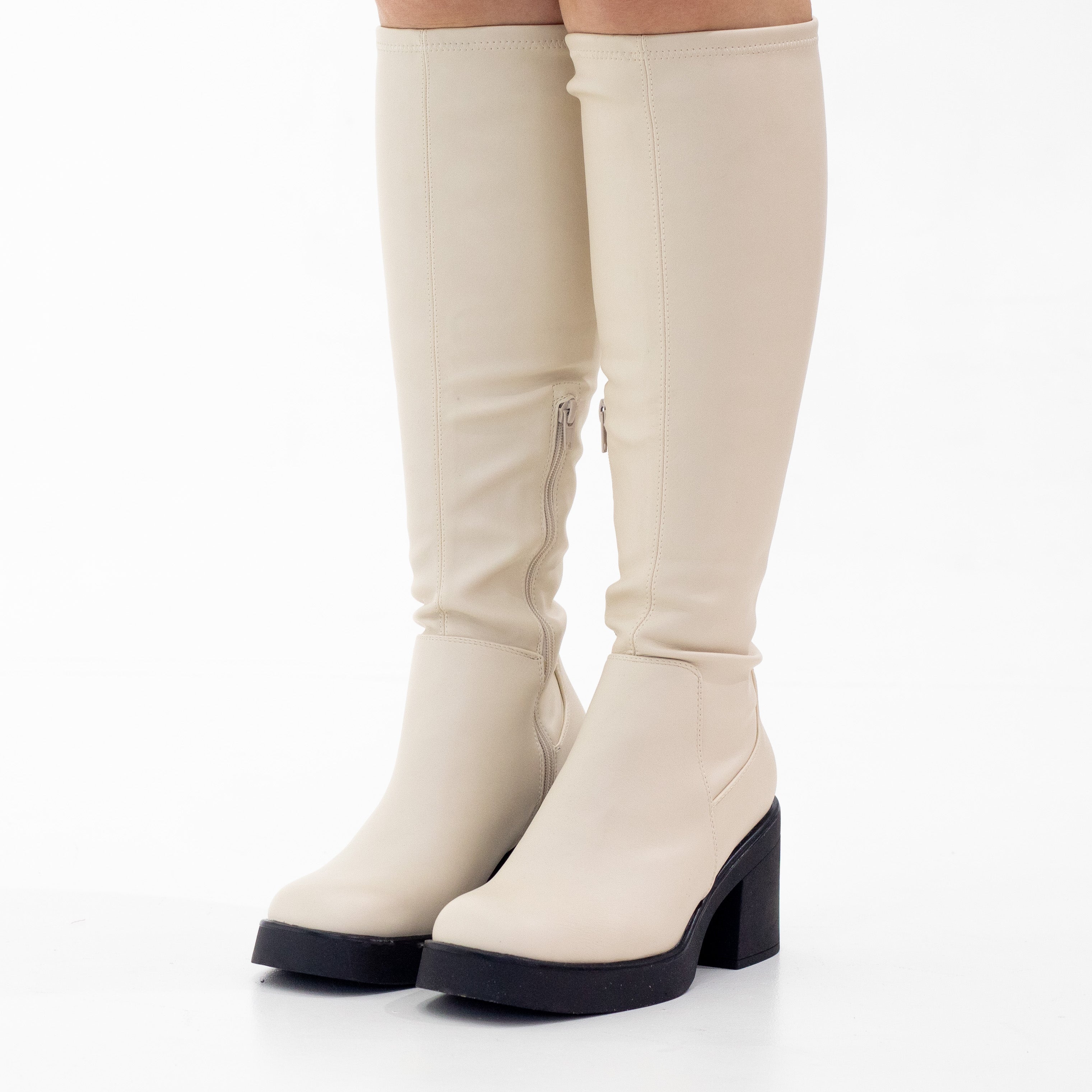 Beige faux leather knee high boots kilara