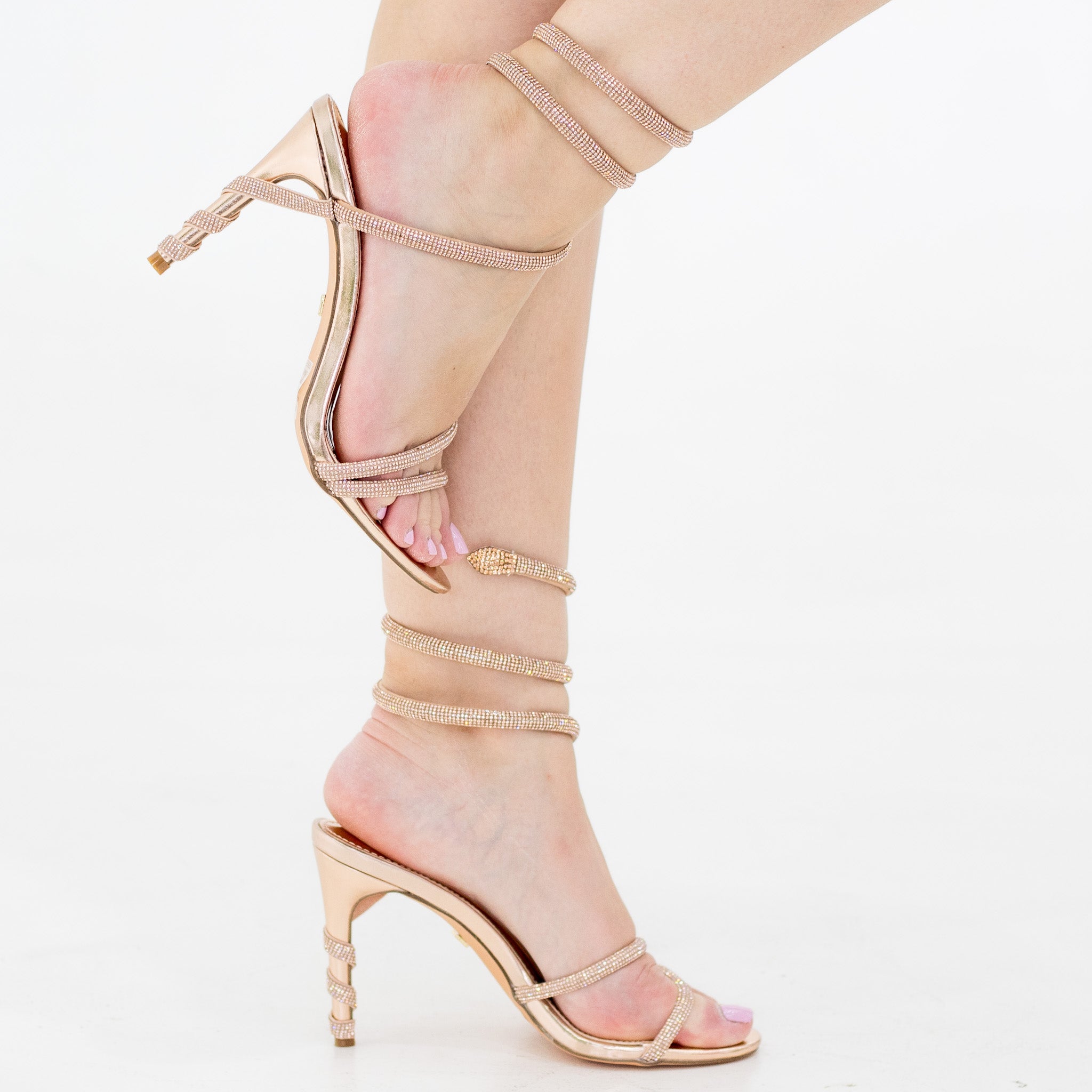 Ateen 10cm heel diamante spiral embellished sandal rose gold