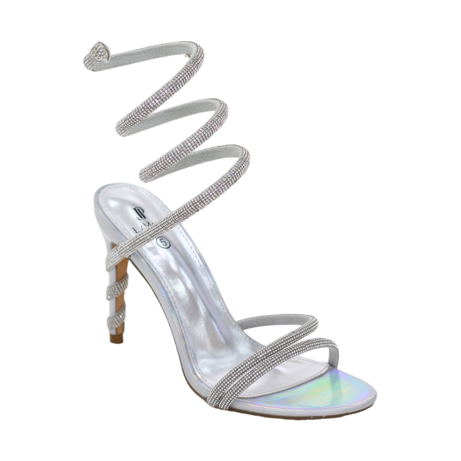 Ateen 10cm heel diamante spiral embellished sandal silver