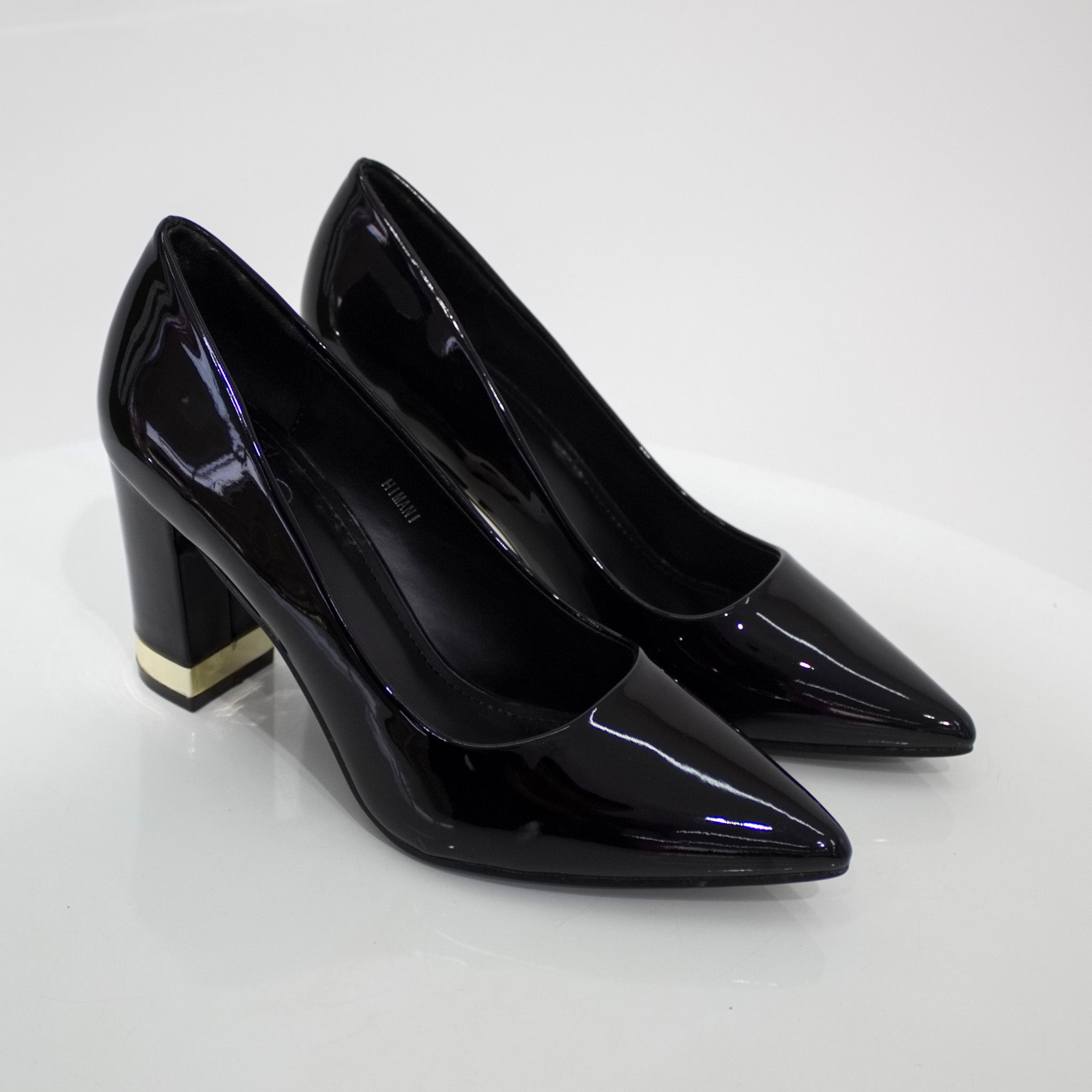 Himani pat court shoe on 8.5cm block gold trim heel black