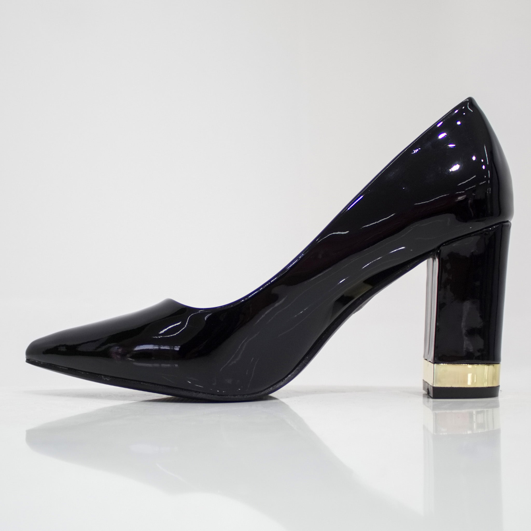 Himani pat court shoe on 8.5cm block gold trim heel black