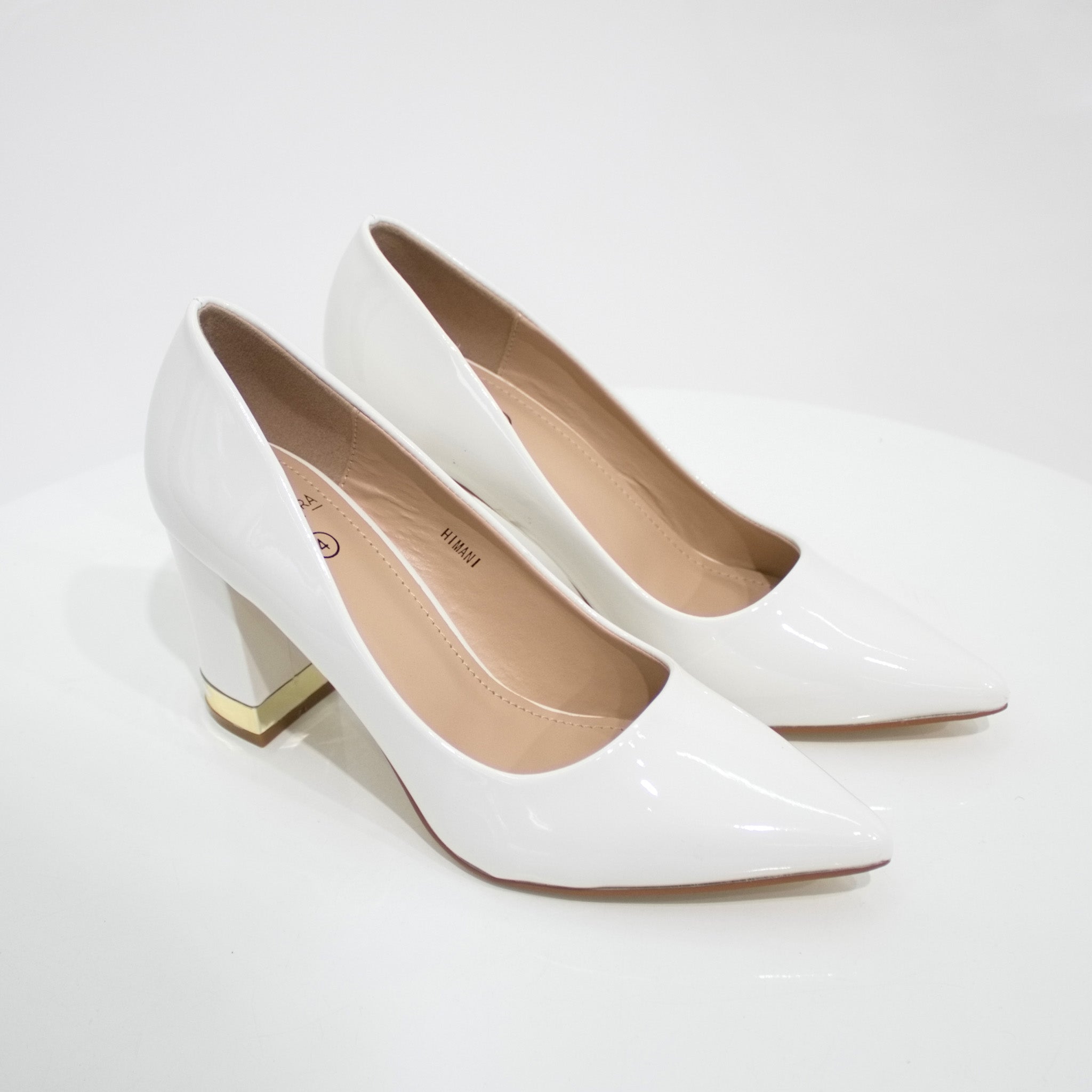 Himani pat court shoe on 8.5cm block gold trim heel white