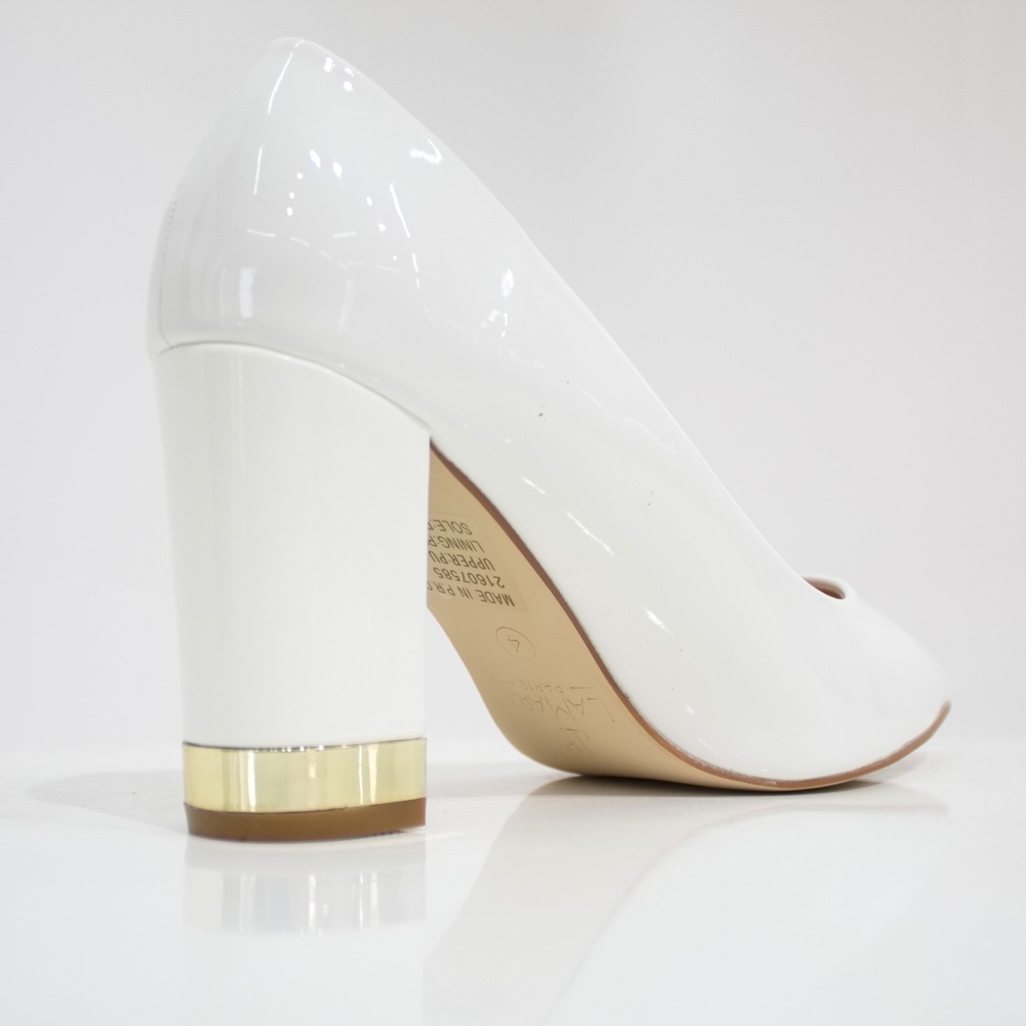 Himani pat court shoe on 8.5cm block gold trim heel white