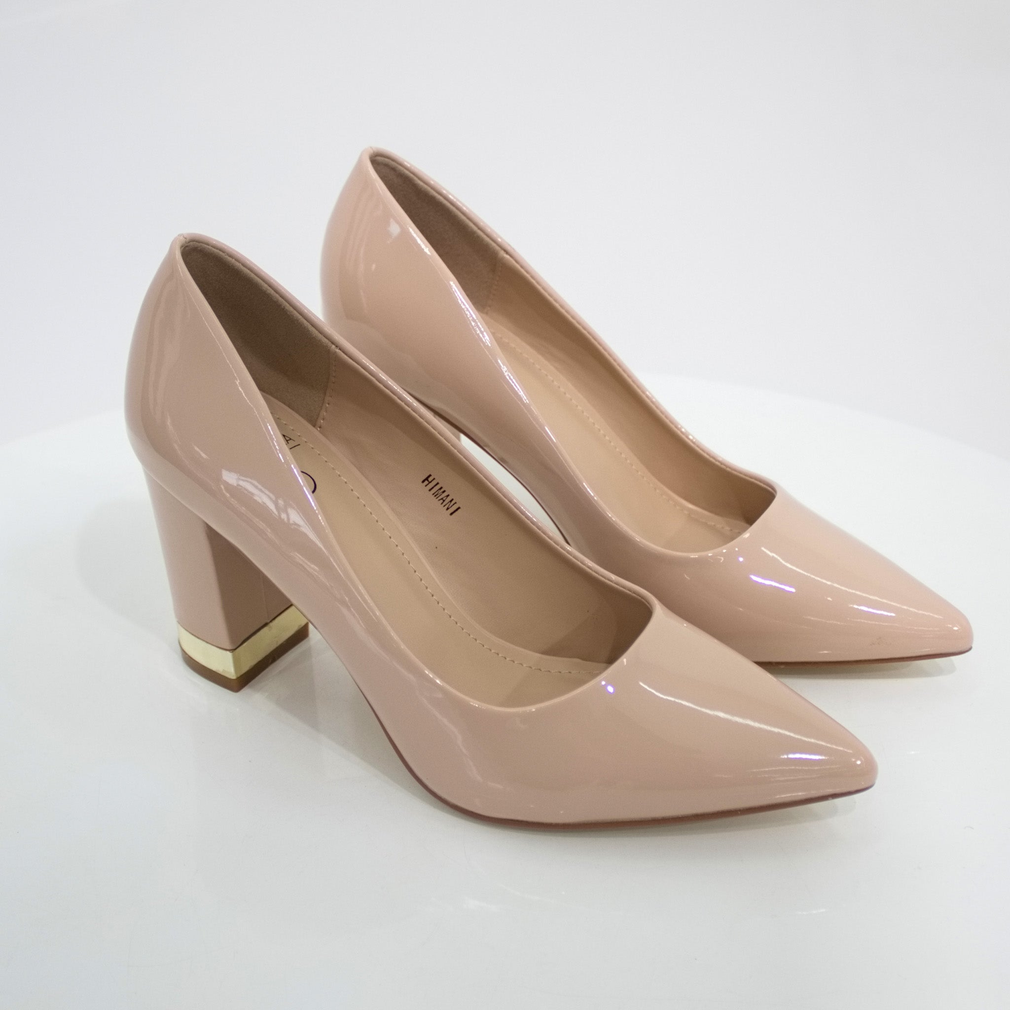 Himani pat court shoe on 8.5cm block gold trim heel nude