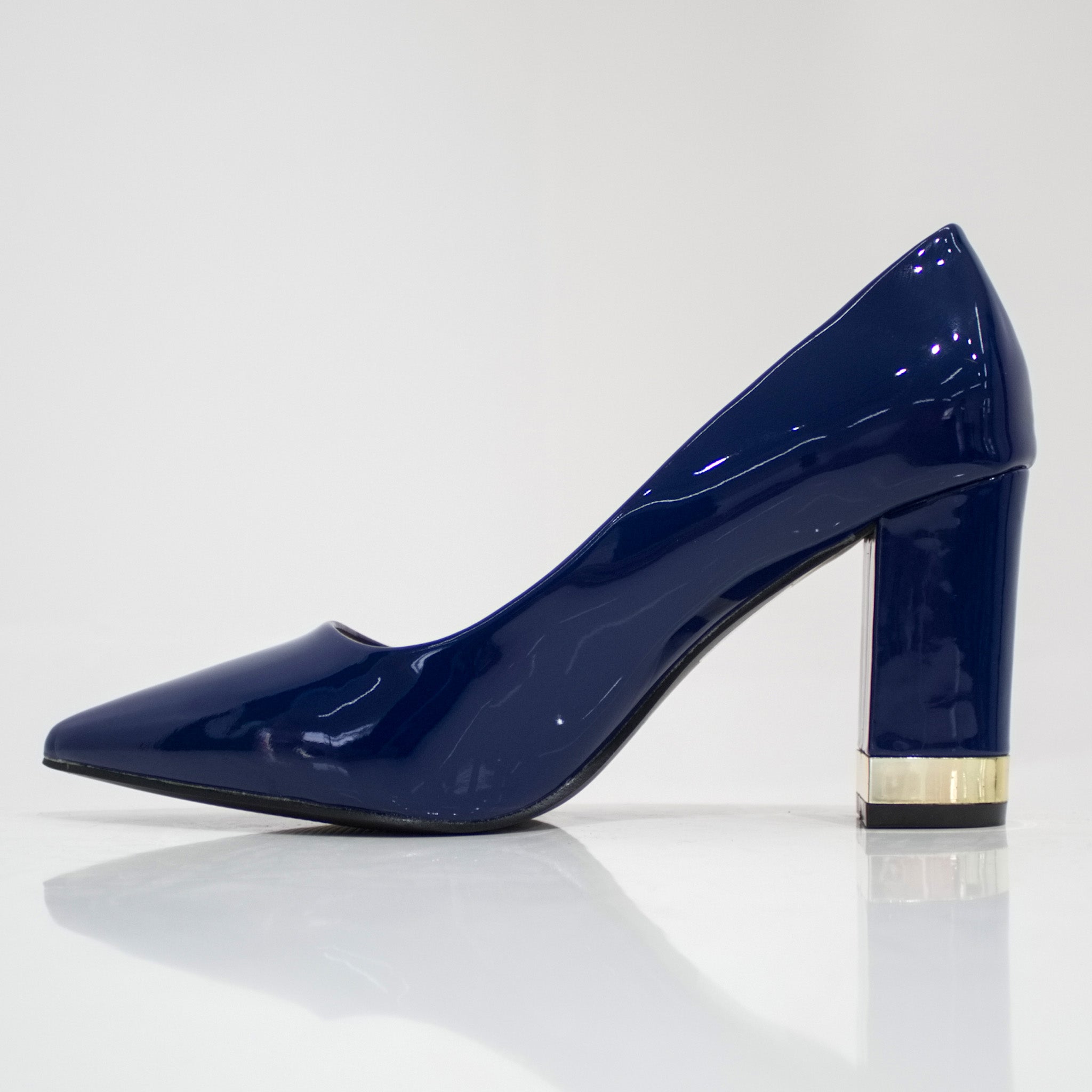 Himani pat court shoe on 8.5cm block gold trim heel navy