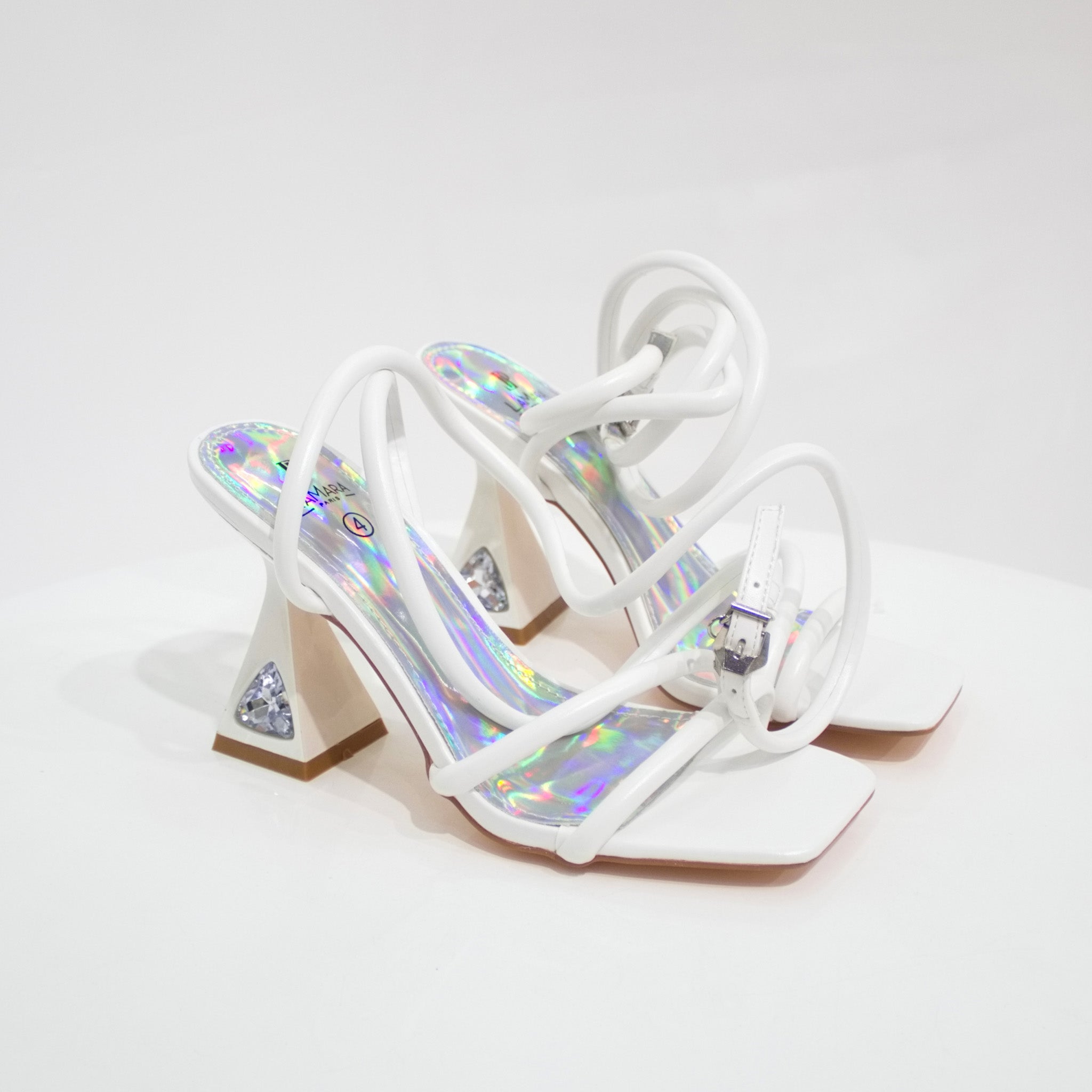 Kuhu pu stripy ankle strap sandal on 9.5cm curved heel white