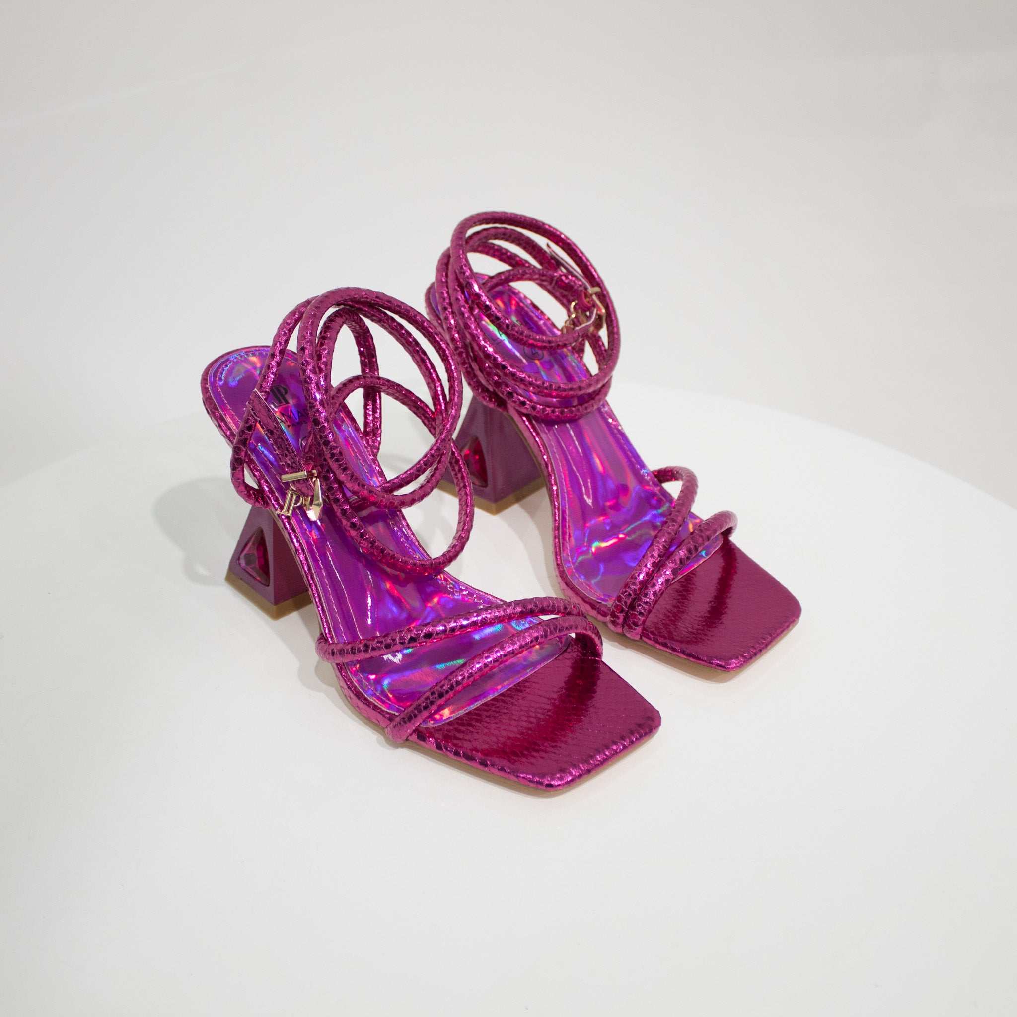 Kuhu stripy ankle strap sandal on 9.5cm curved heel fuchsia